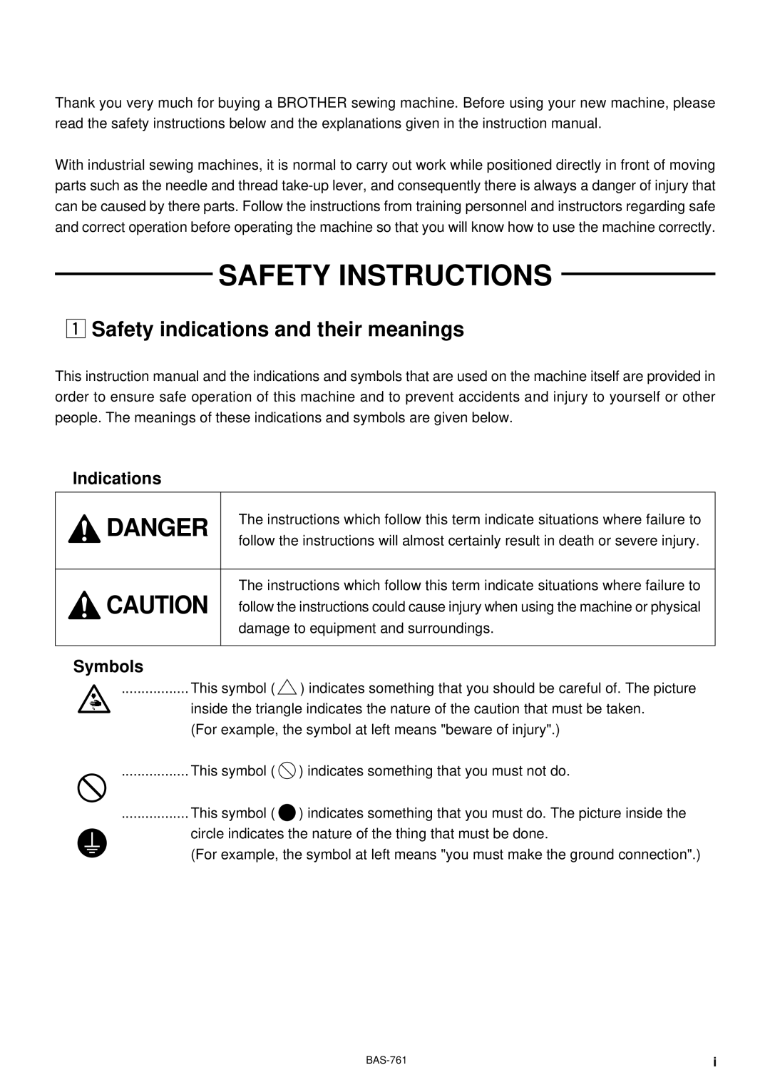 Brother BAS-761 instruction manual Safety Instructions 