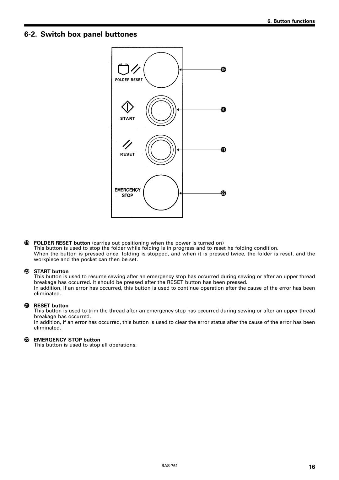 Brother BAS-761 instruction manual Switch box panel buttones, @0 Start button, @1 Reset button, @2 Emergency Stop button 