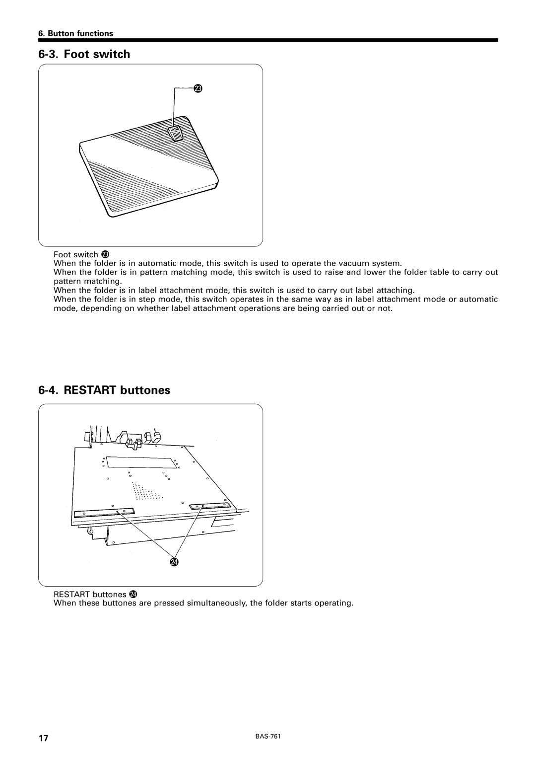 Brother BAS-761 instruction manual Foot switch, Restart buttones 