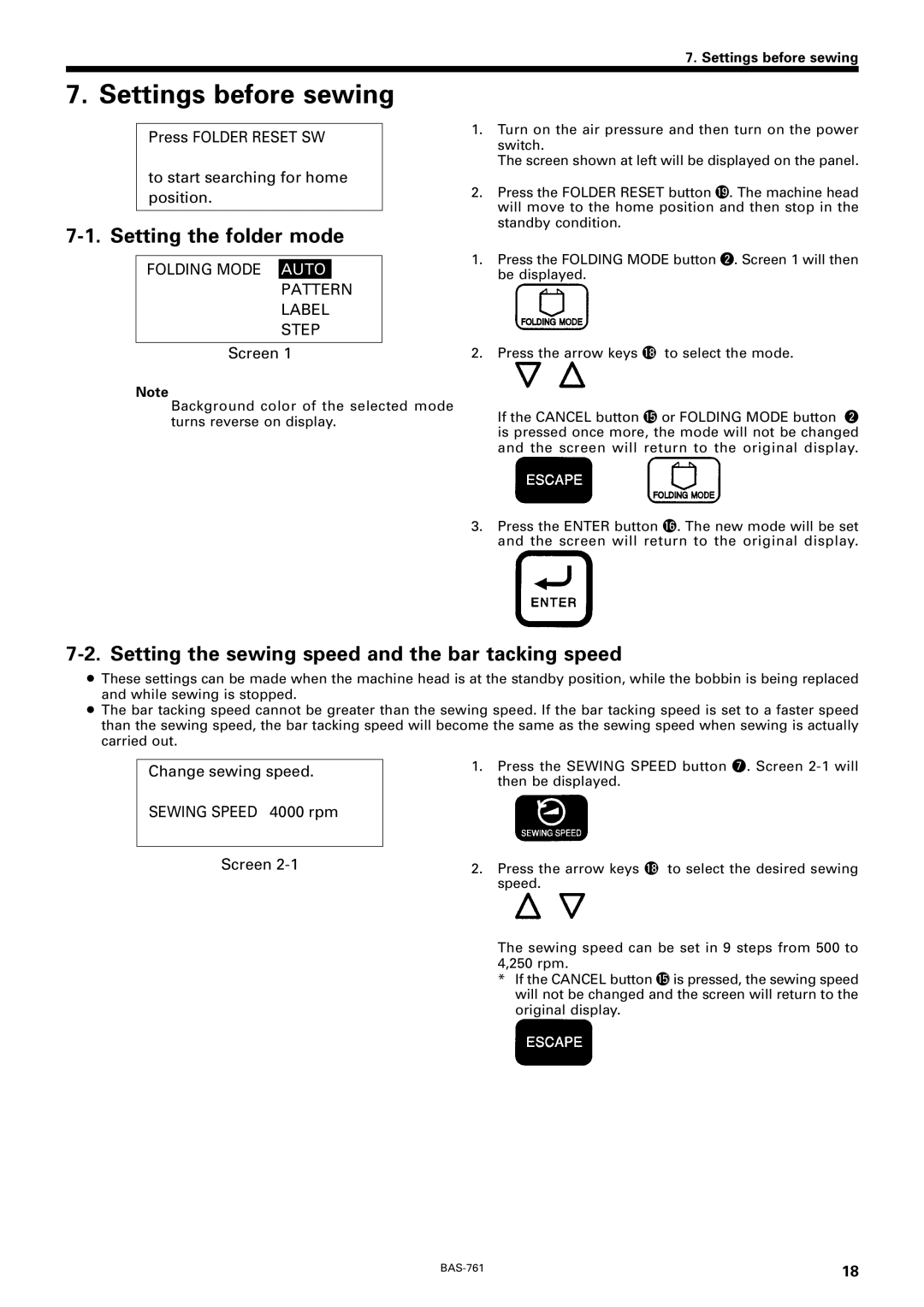 Brother BAS-761 Settings before sewing, Setting the folder mode, Setting the sewing speed and the bar tacking speed 