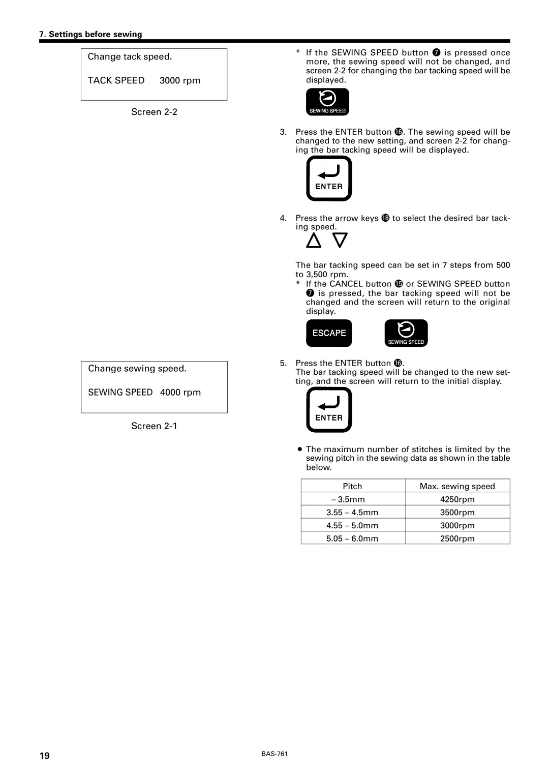 Brother BAS-761 instruction manual Tack Speed 3000 rpm 