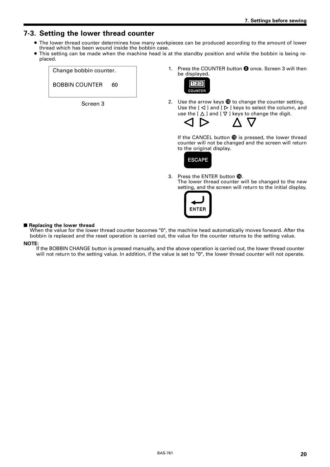 Brother BAS-761 instruction manual Setting the lower thread counter, Replacing the lower thread 