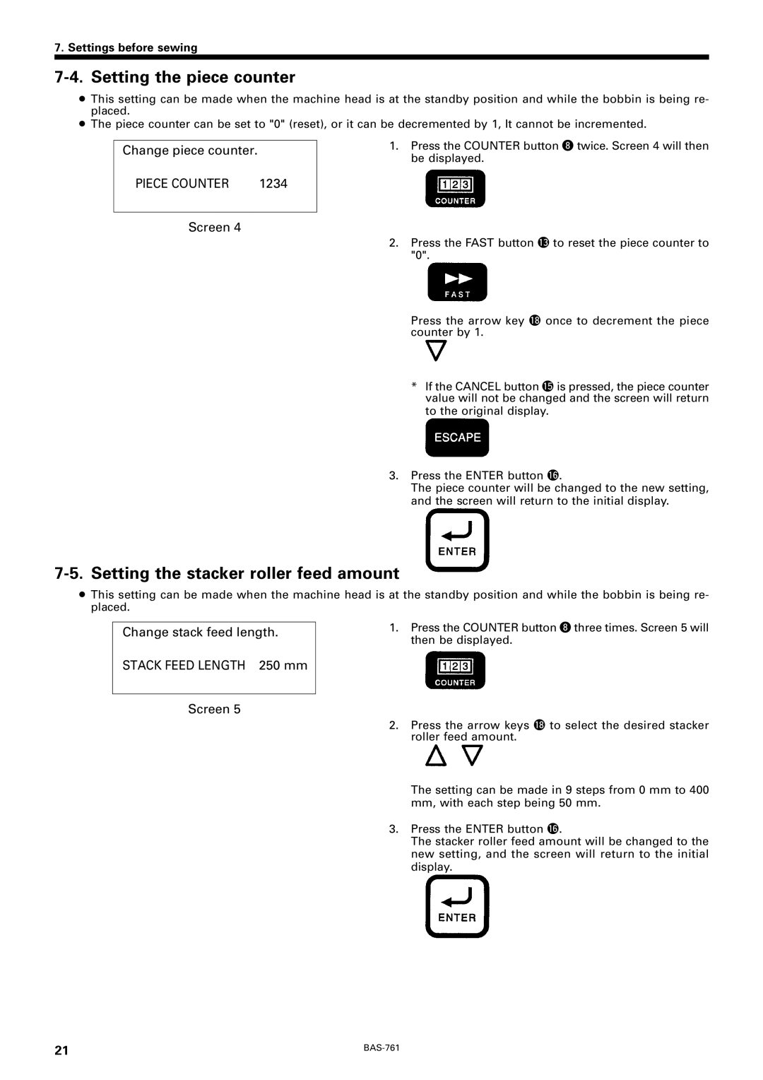 Brother BAS-761 instruction manual Setting the piece counter, Setting the stacker roller feed amount 