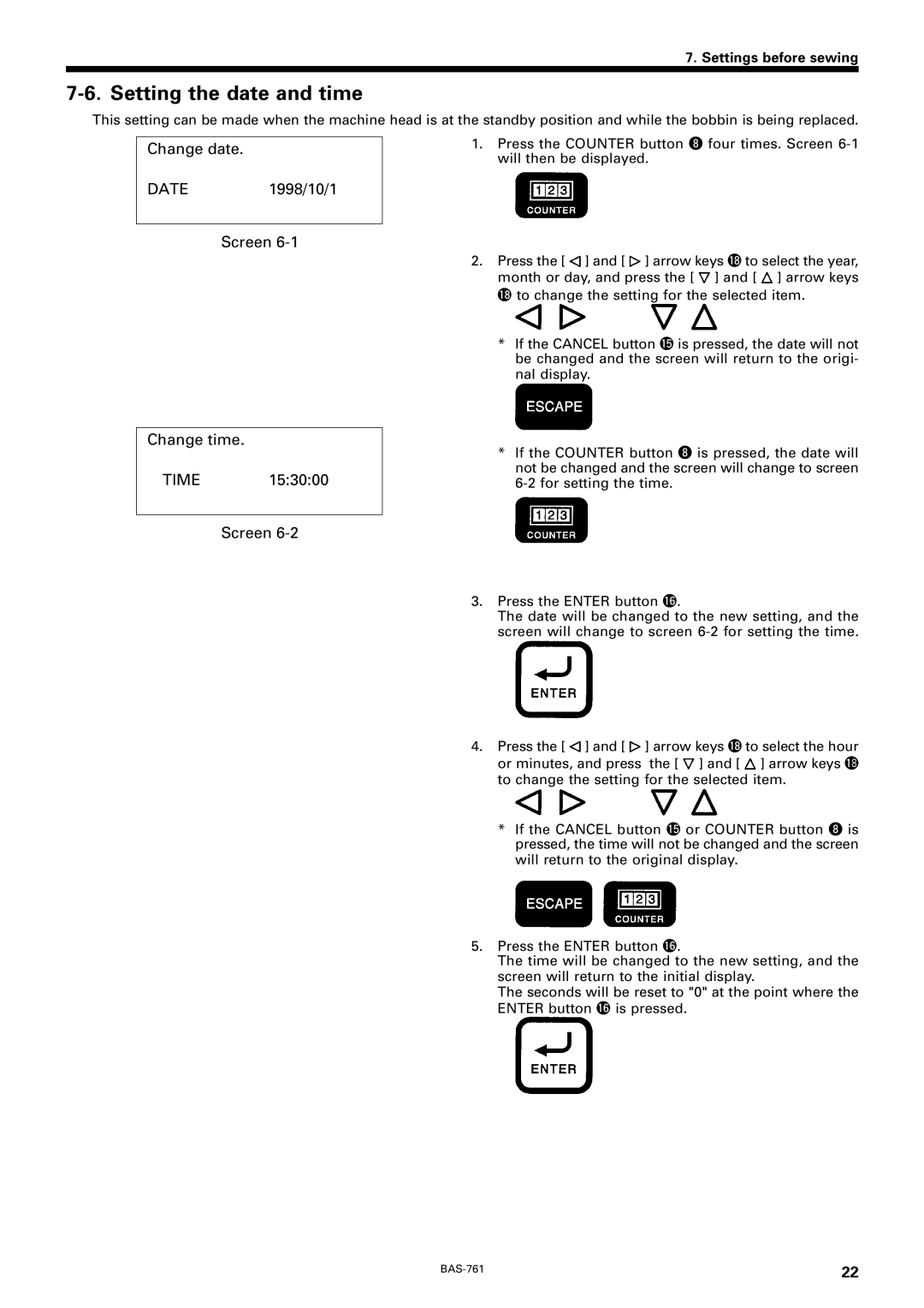 Brother BAS-761 instruction manual Setting the date and time, Change date DATE1998/10/1 Screen Change time Time 