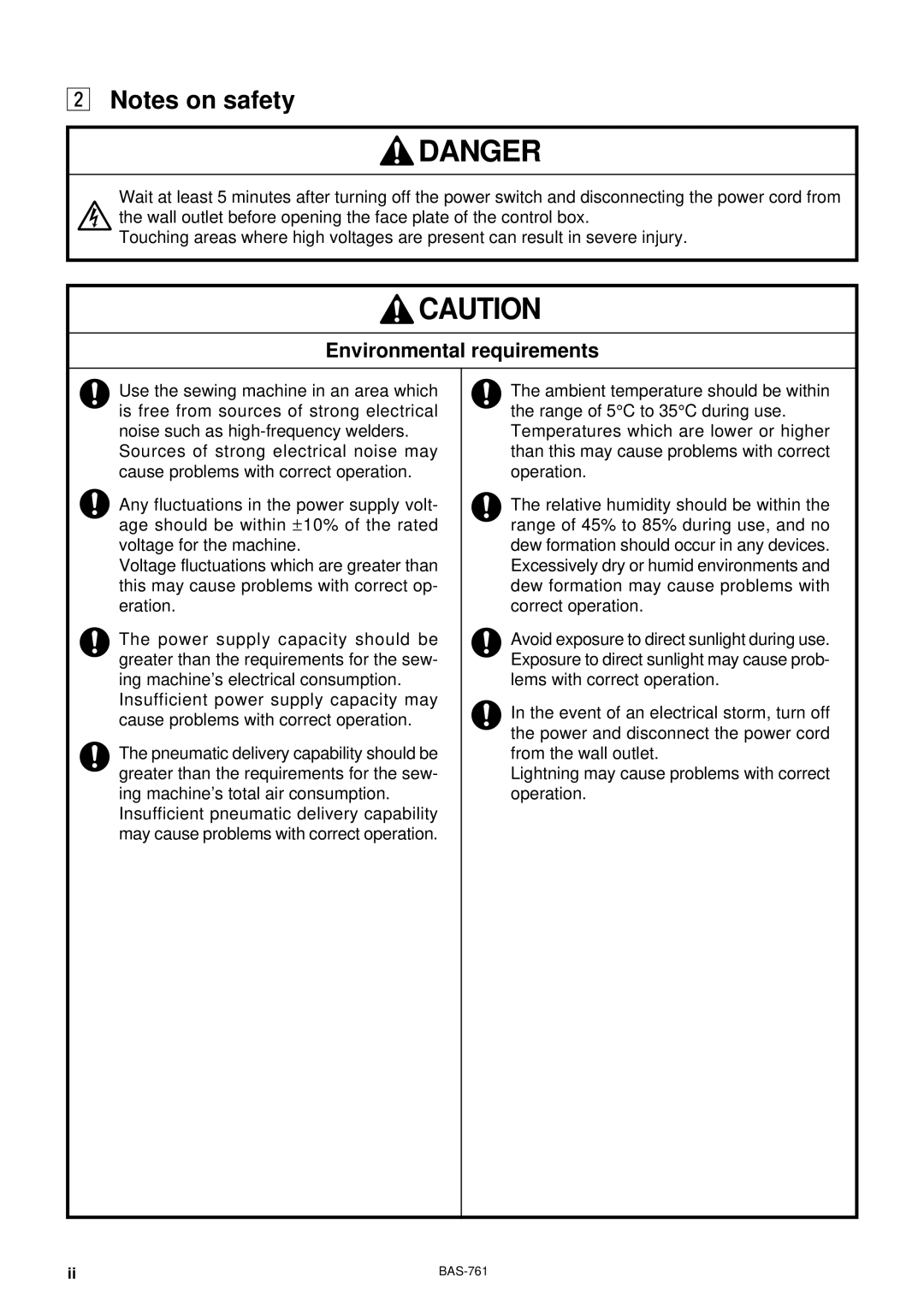 Brother BAS-761 instruction manual Environmental requirements 