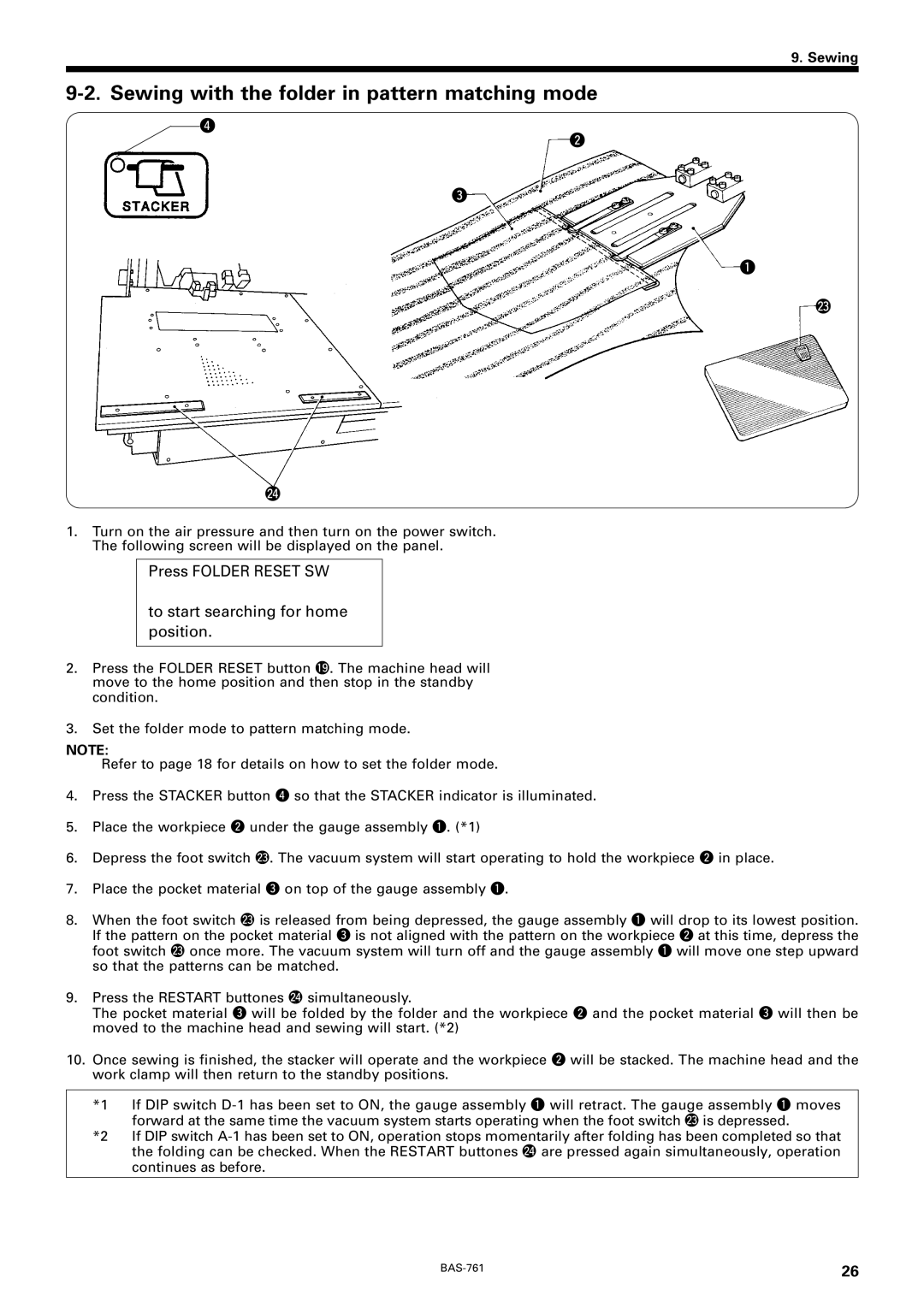 Brother BAS-761 instruction manual Sewing with the folder in pattern matching mode 