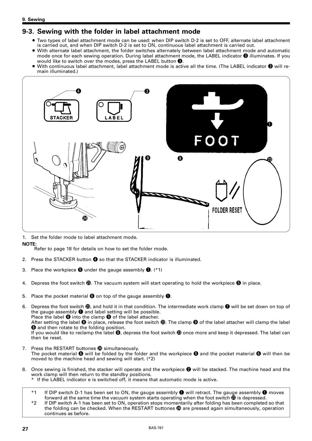 Brother BAS-761 instruction manual Sewing with the folder in label attachment mode 