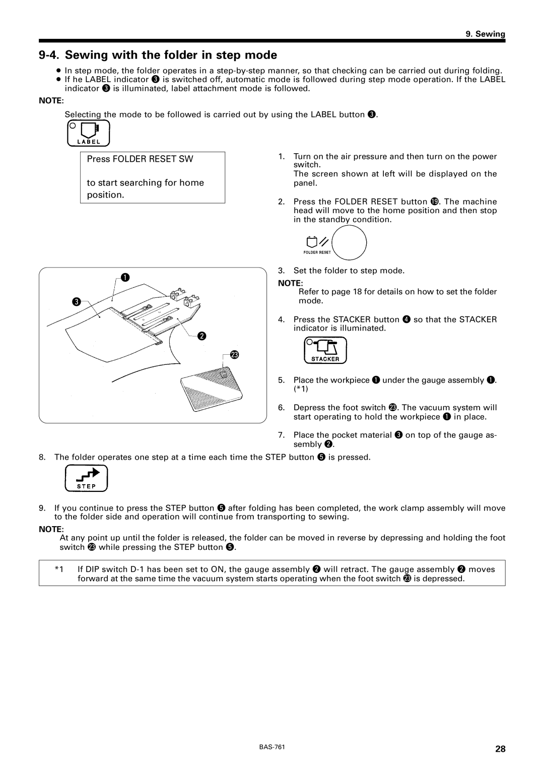 Brother BAS-761 instruction manual Sewing with the folder in step mode 