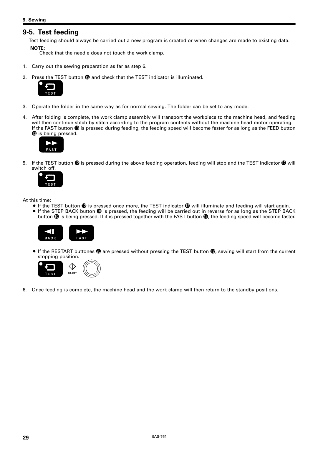 Brother BAS-761 instruction manual Test feeding 