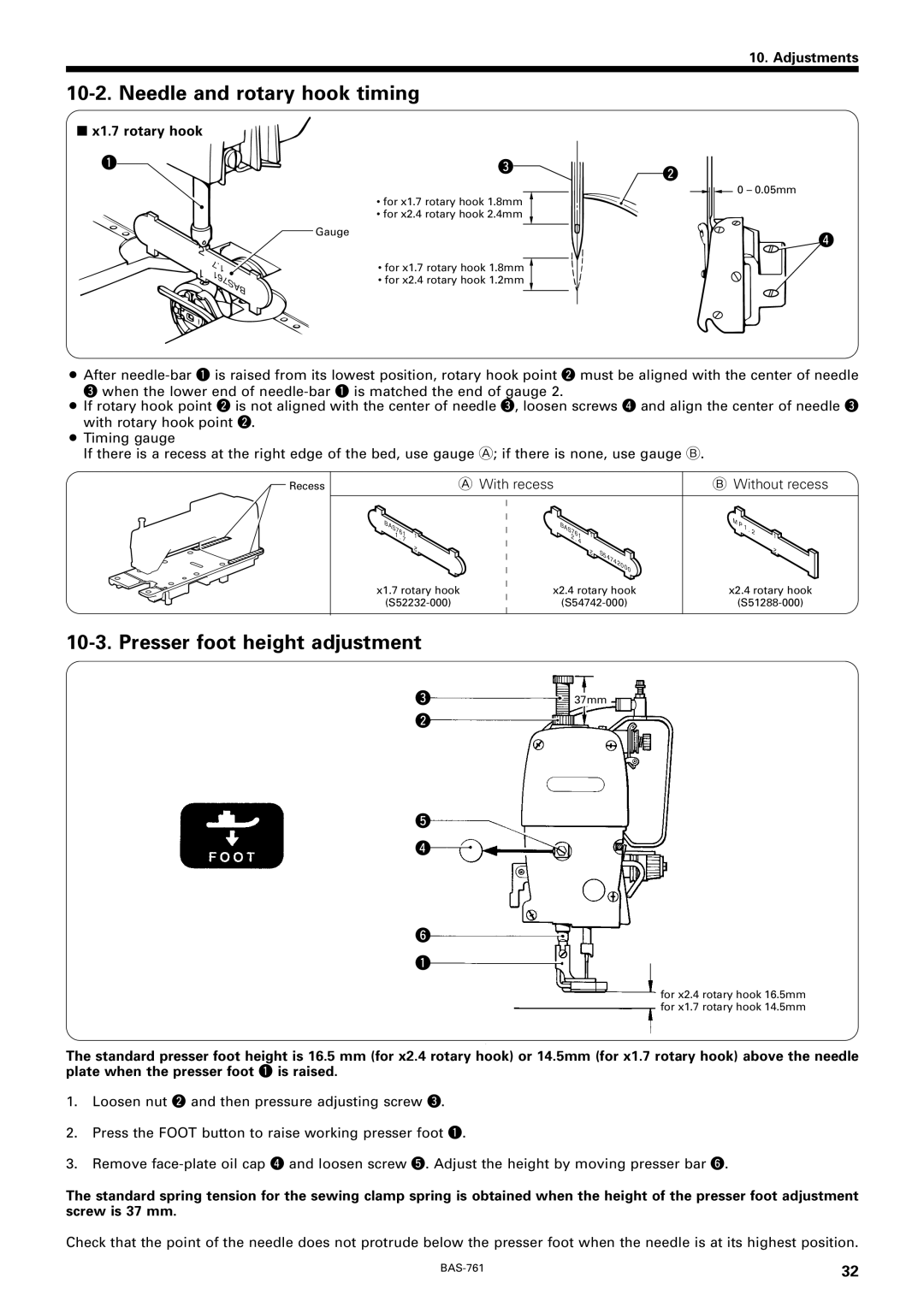 Brother BAS-761 instruction manual Needle and rotary hook timing, Presser foot height adjustment 