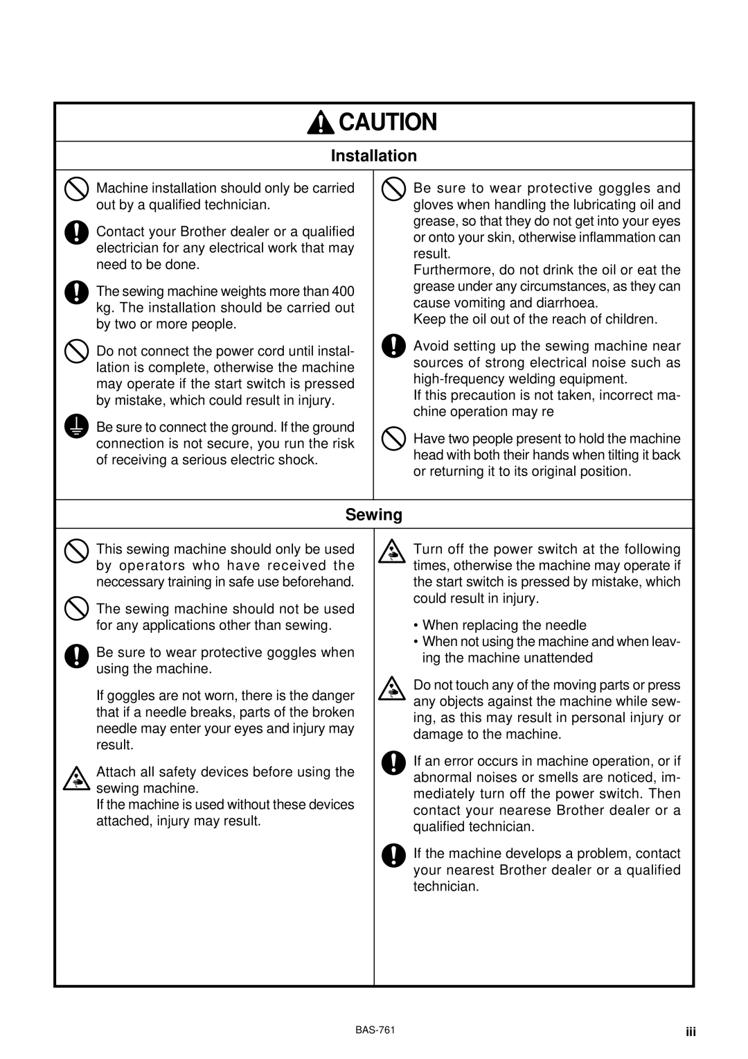 Brother BAS-761 instruction manual Installation 