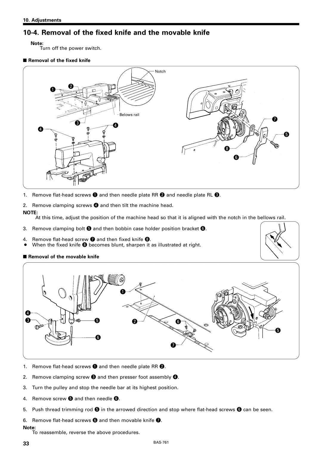 Brother BAS-761 instruction manual Removal of the fixed knife and the movable knife, Removal of the movable knife 