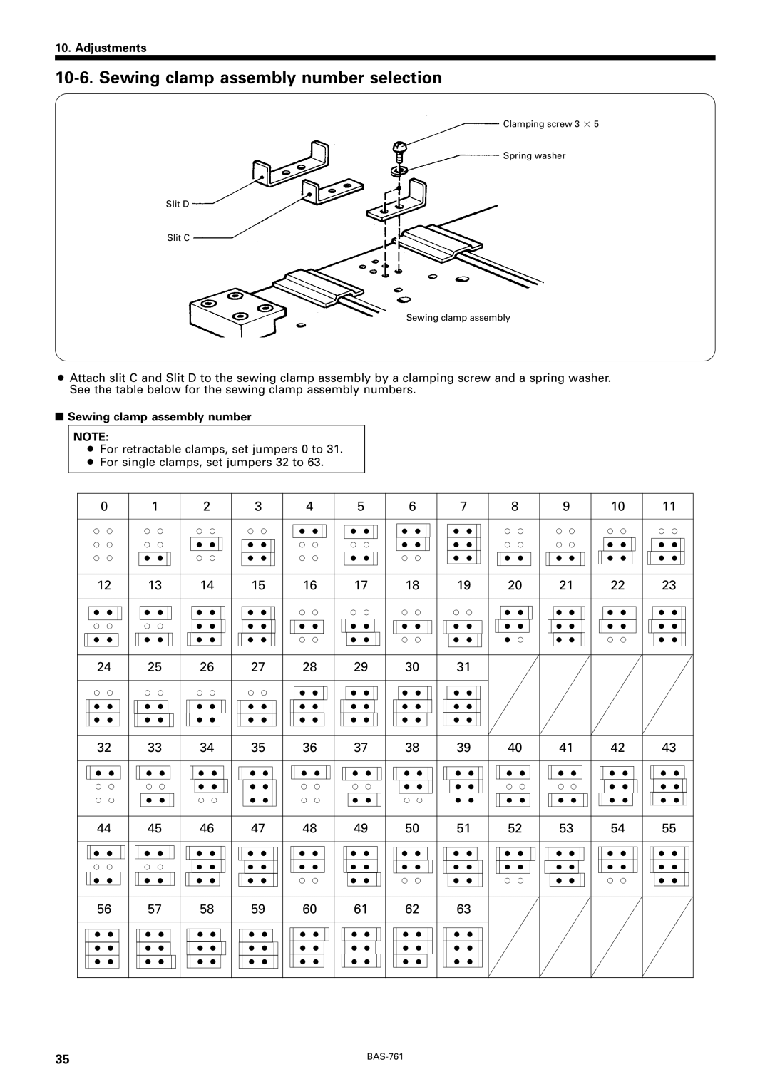 Brother BAS-761 instruction manual Sewing clamp assembly number selection 