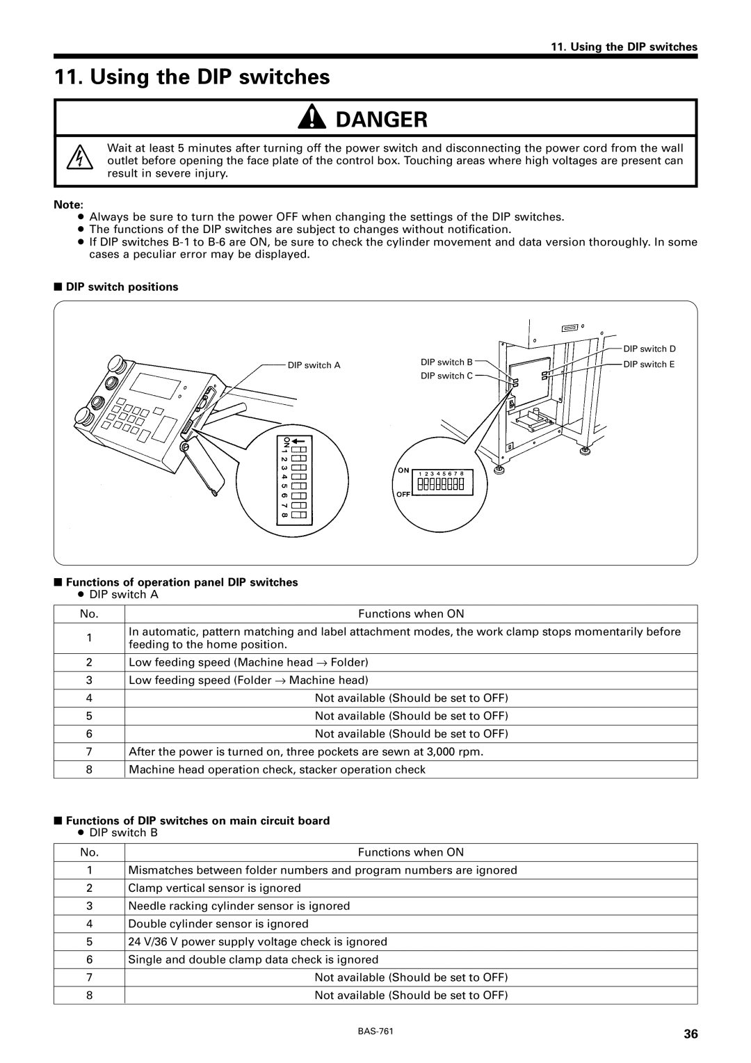 Brother BAS-761 instruction manual Using the DIP switches, DIP switch positions, Functions of operation panel DIP switches 