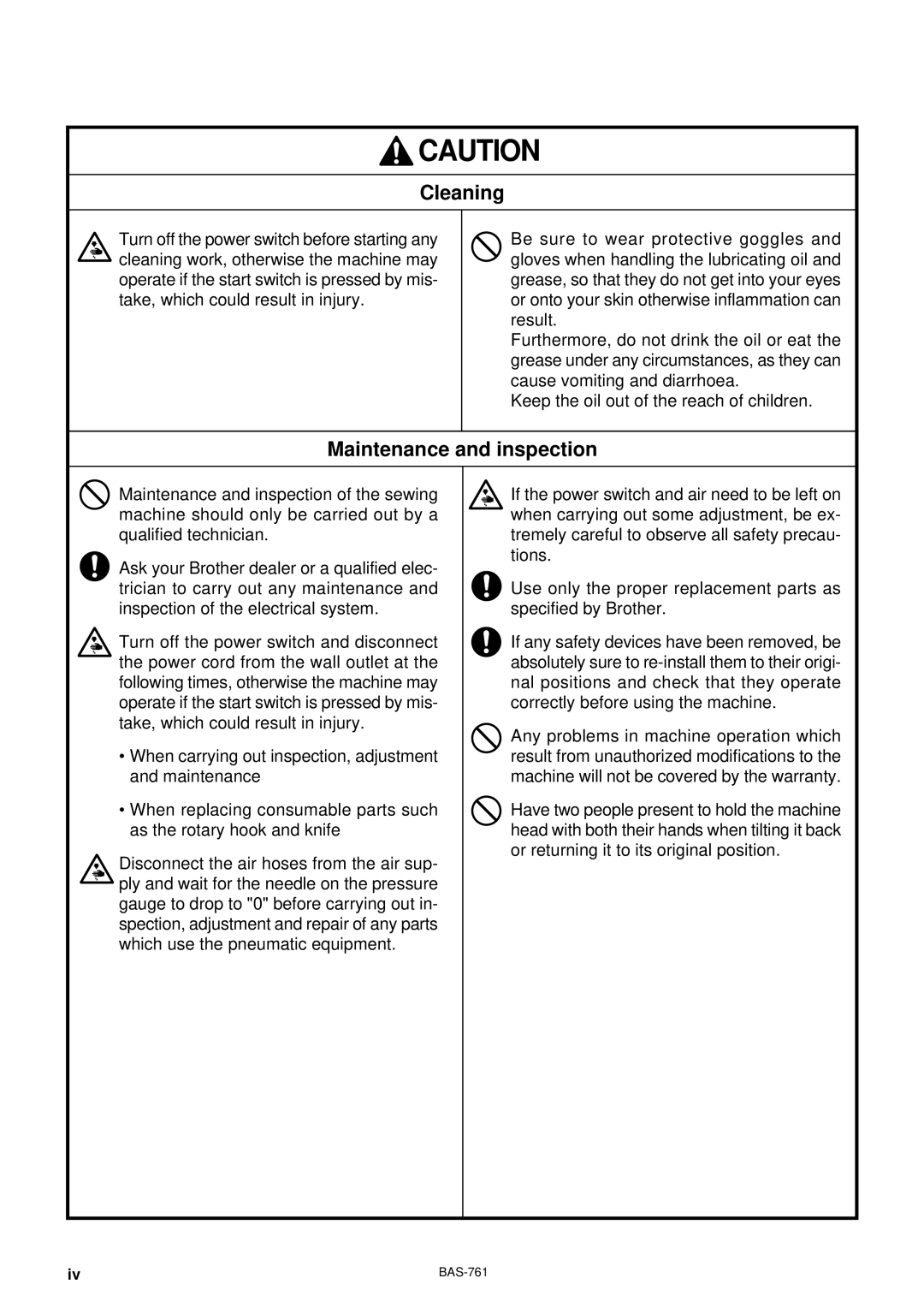 Brother BAS-761 instruction manual Cleaning 