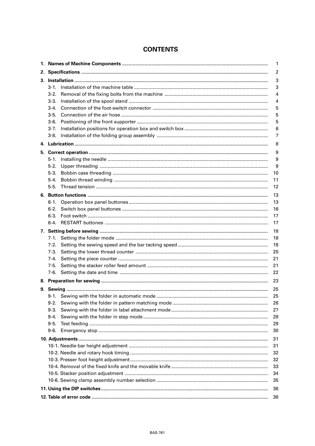 Brother BAS-761 instruction manual Contents 