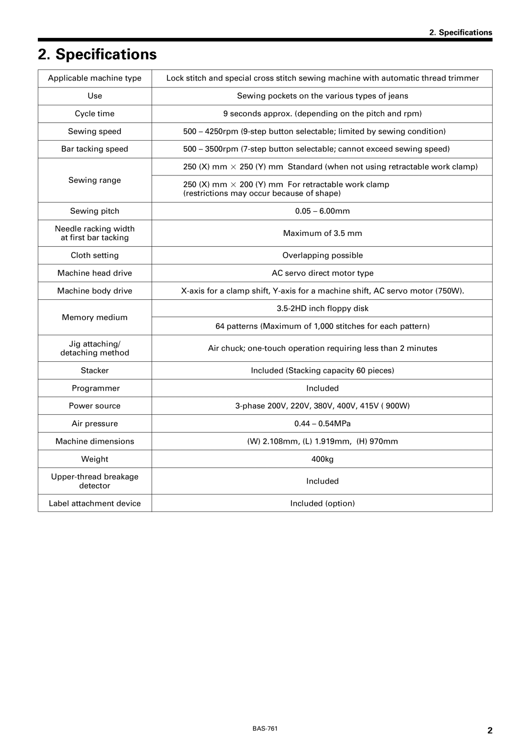 Brother BAS-761 instruction manual Specifications 