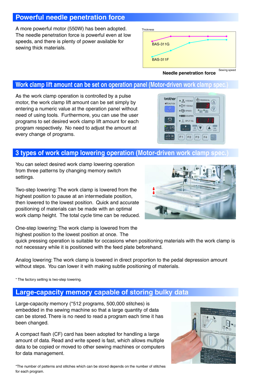 Brother BAS326G manual Powerful needle penetration force, Large-capacity memory capable of storing bulky data 