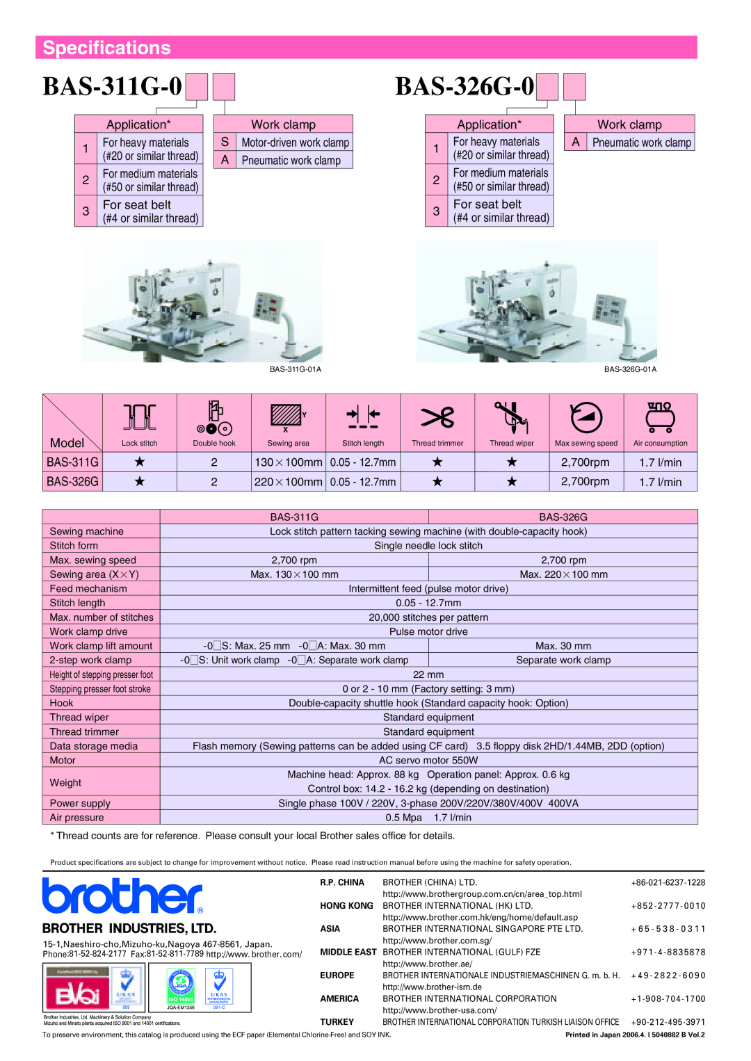 Brother BAS326G manual BAS-311G-0 BAS-326G-0, Specifications 