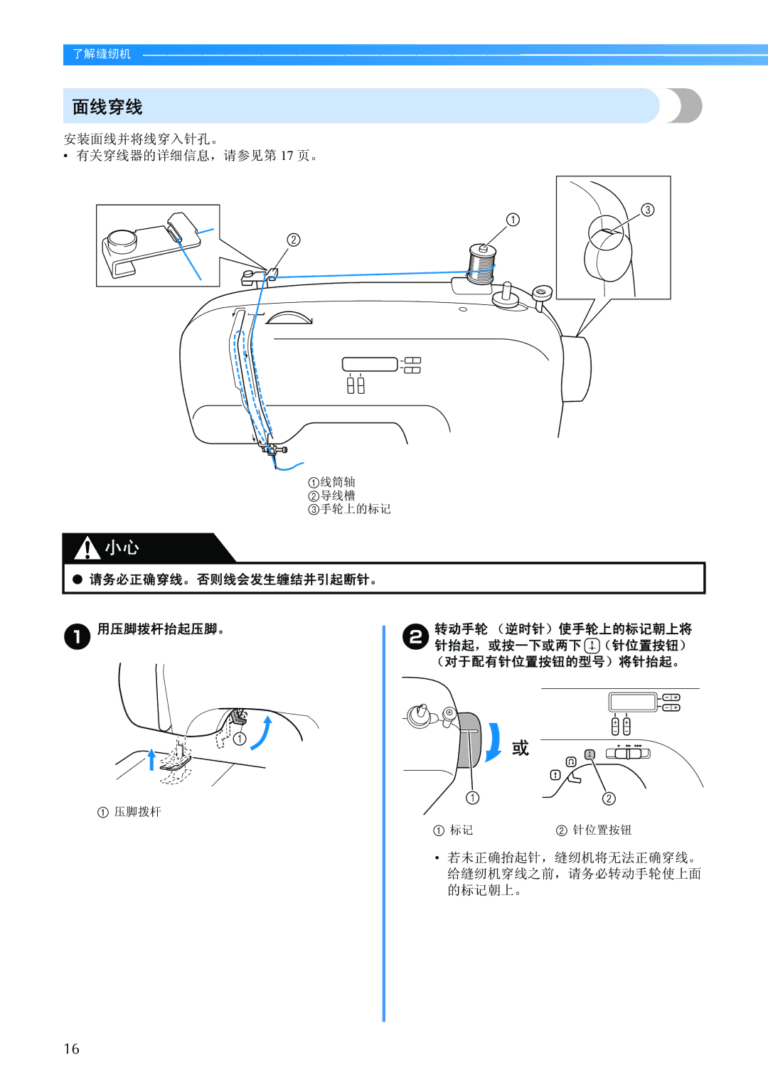 Brother BC-2500 manual 面线穿线, 安装面线并将线穿入针孔。 有关穿线器的详细信息，请参见第 17 页。, 请务必正确穿线。否则线会发生缠结并引起断针。 用压脚拨杆抬起压脚。 