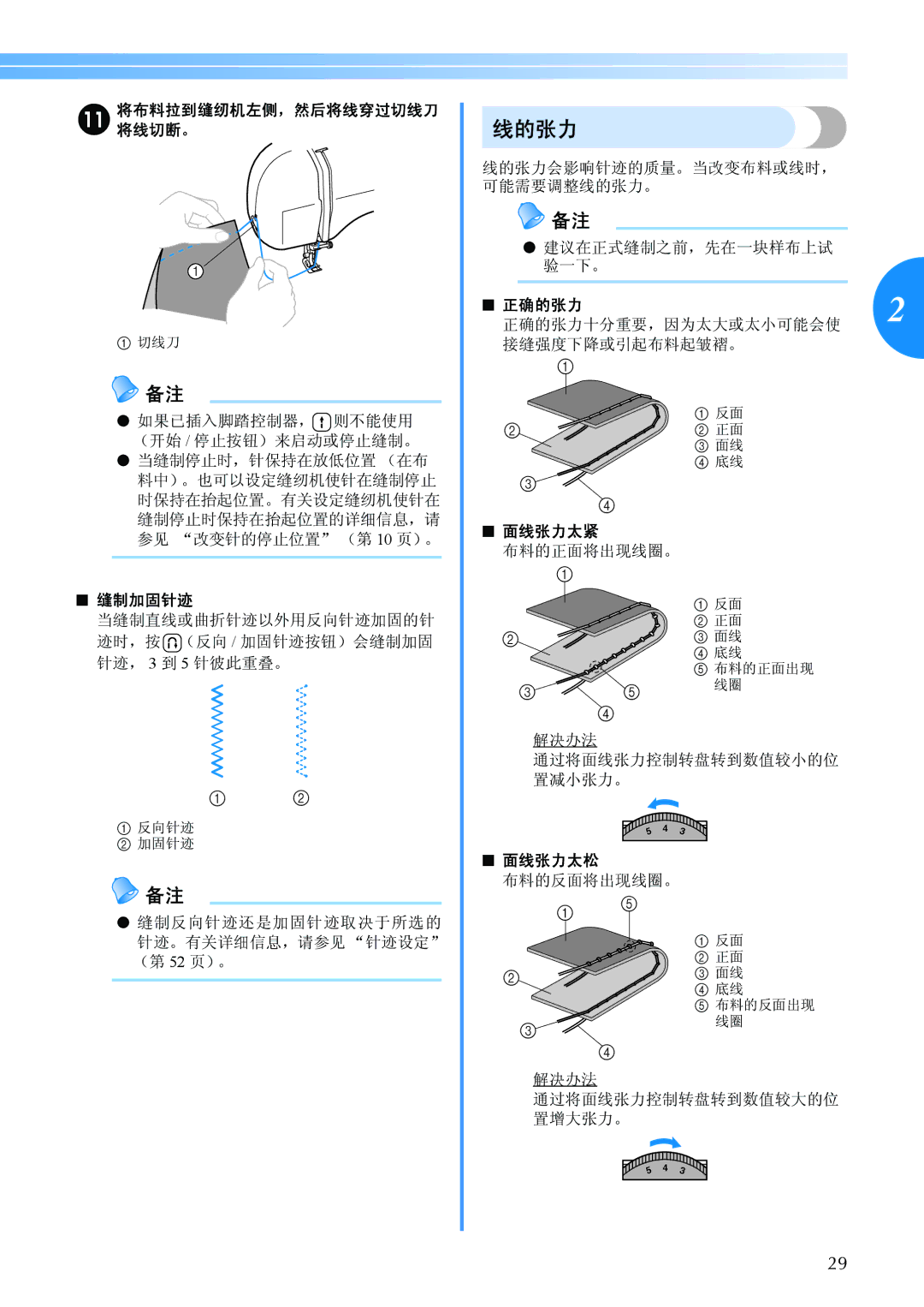 Brother BC-2500 manual 线的张力, 缝制加固针迹, 正确的张力, 面线张力太紧, 面线张力太松 