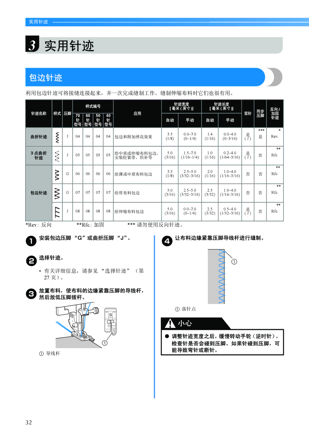 Brother BC-2500 manual 包边针迹, A安装包边压脚g或曲折压脚 J。 D让布料边缘紧靠压脚导线杆进行缝制。 B选择针迹。, 放置布料，使布料的边缘紧靠压脚的导线杆，然后放低压脚拨杆。, 能导致弯针或断针。 