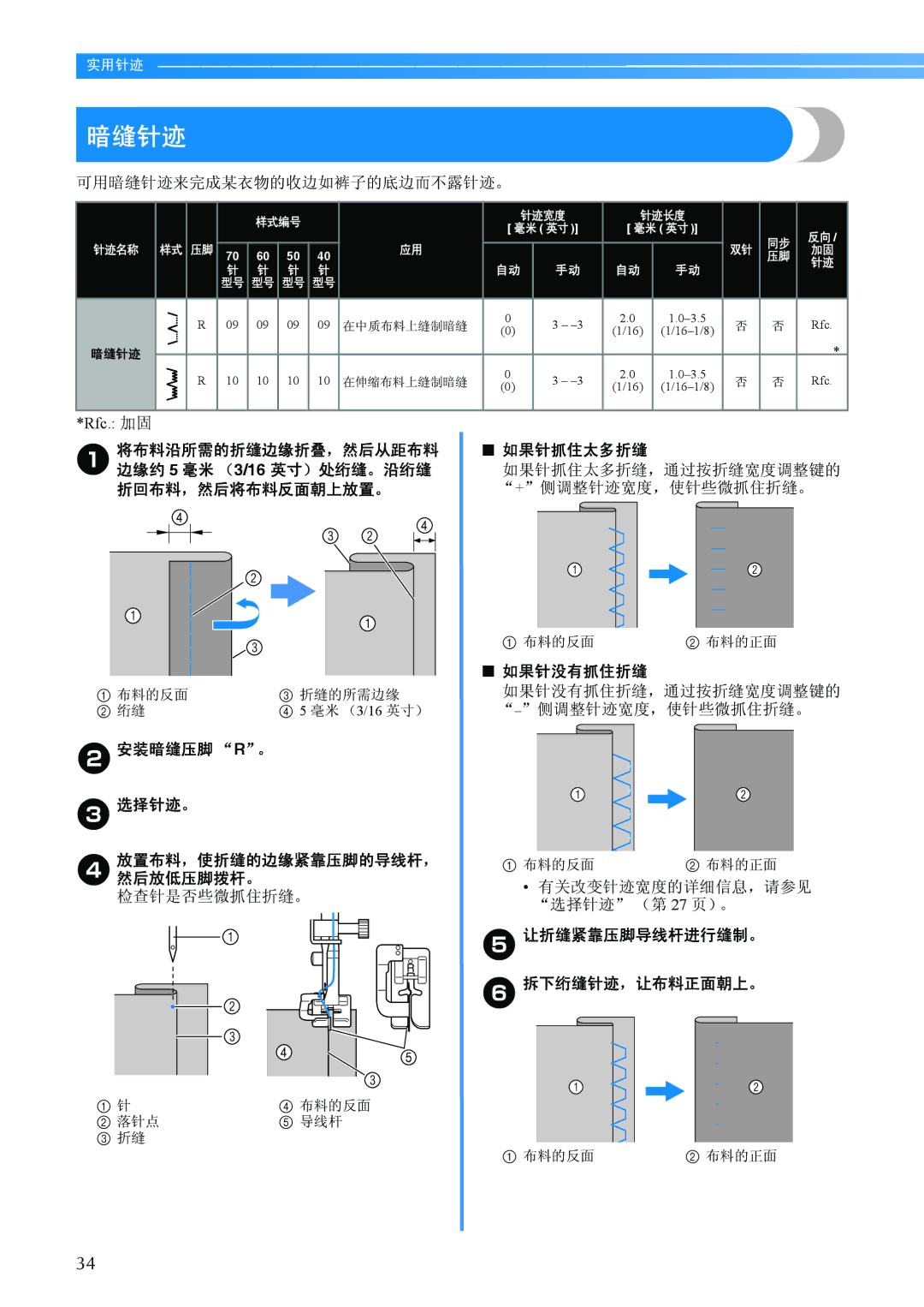 Brother BC-2500 manual 暗缝针迹, B安装暗缝压脚 R。 选择针迹。, 如果针没有抓住折缝, 让折缝紧靠压脚导线杆进行缝制。 拆下绗缝针迹，让布料正面朝上。 