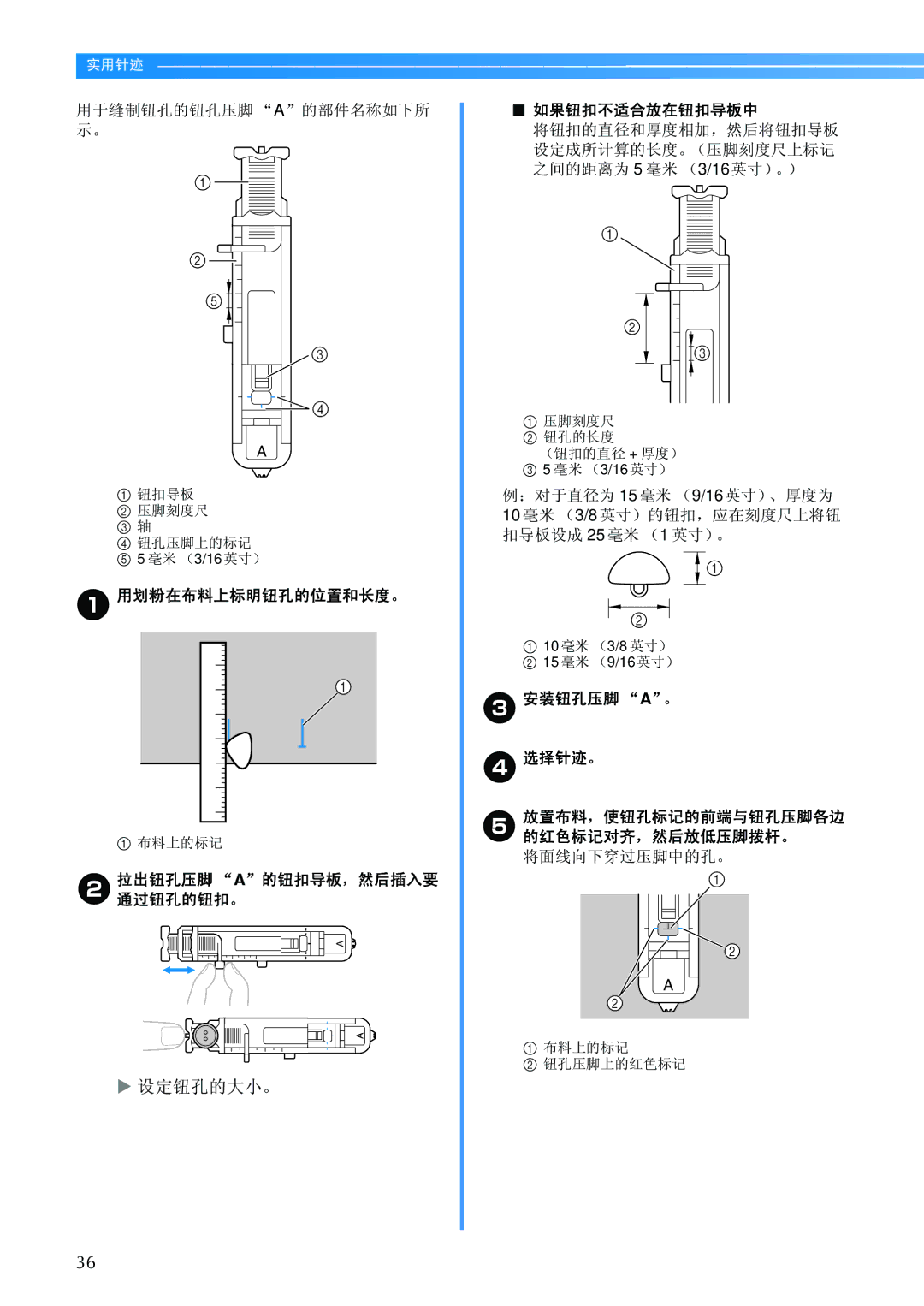 Brother BC-2500 manual 用于缝制钮孔的钮孔压脚 A的部件名称如下所 示。, 用划粉在布料上标明钮孔的位置和长度。, B拉出钮孔压脚 A的钮扣导板，然后插入要 通过钮孔的钮扣。, 如果钮扣不适合放在钮扣导板中 