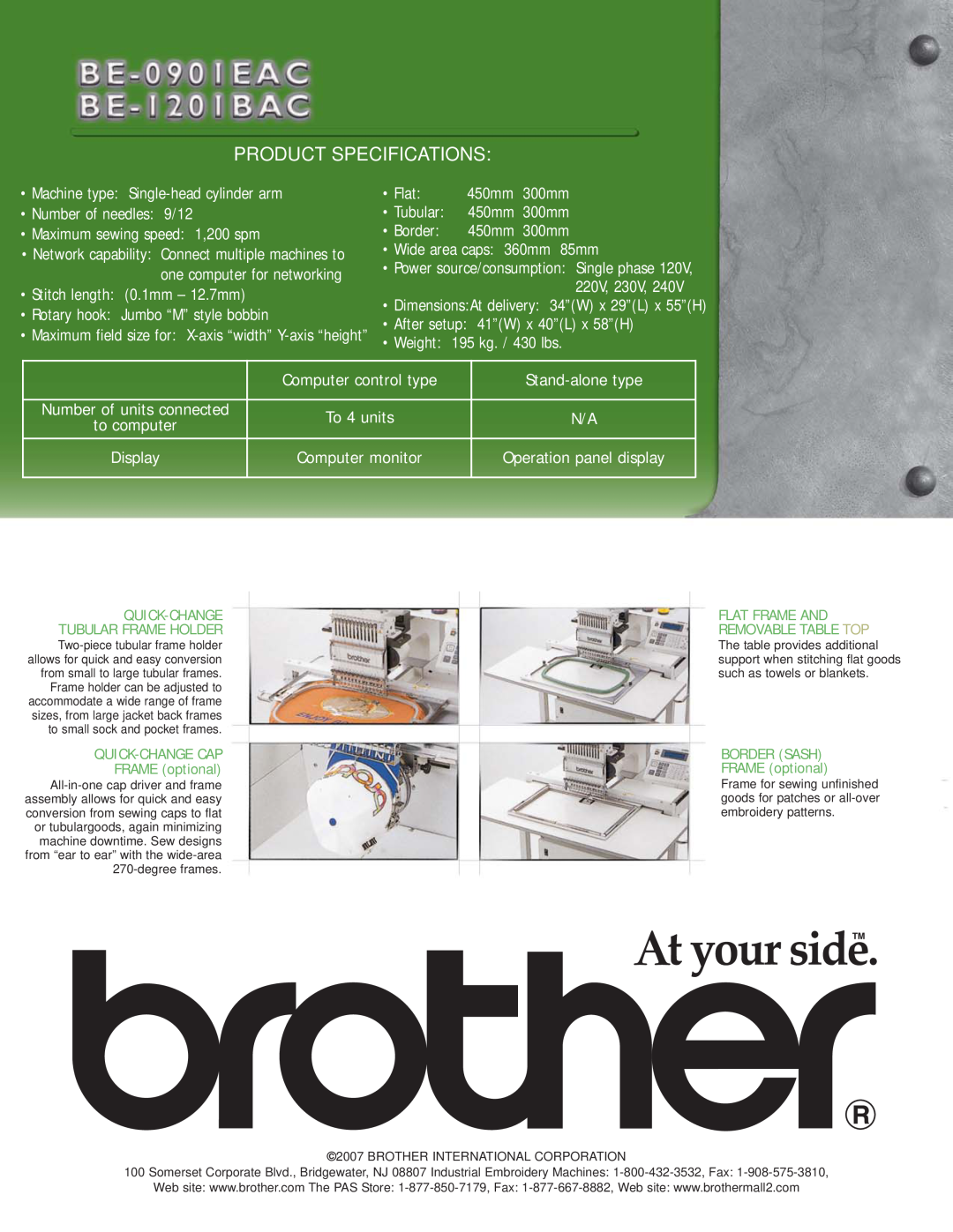 Brother BE-1201BAC, BE-0901EAC manual Product Specifications 