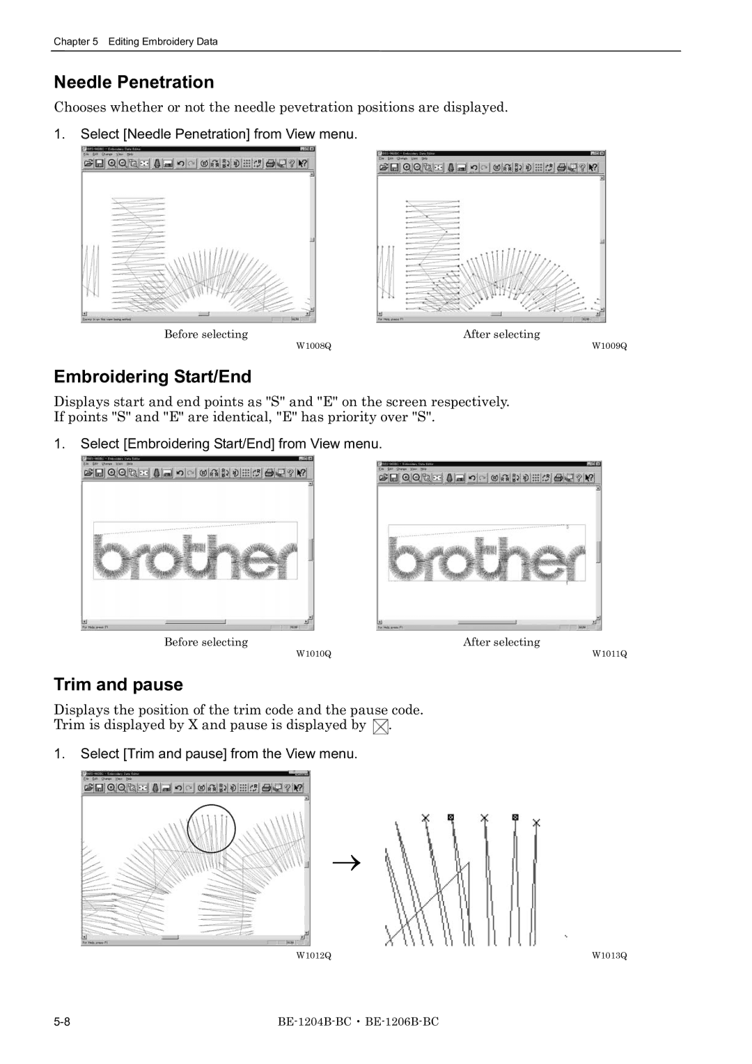 Brother BE-1204B-BC, BE-1206B-BC, BE-1204C-BC instruction manual Needle Penetration, Embroidering Start/End, Trim and pause 