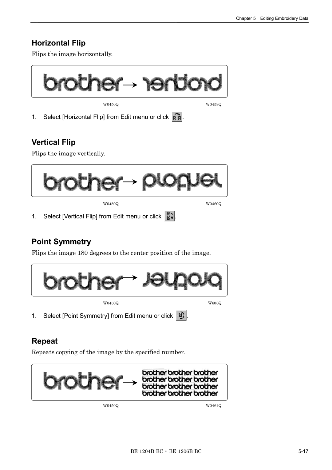 Brother BE-1204B-BC, BE-1206B-BC, BE-1204C-BC instruction manual Horizontal Flip, Vertical Flip, Point Symmetry, Repeat 