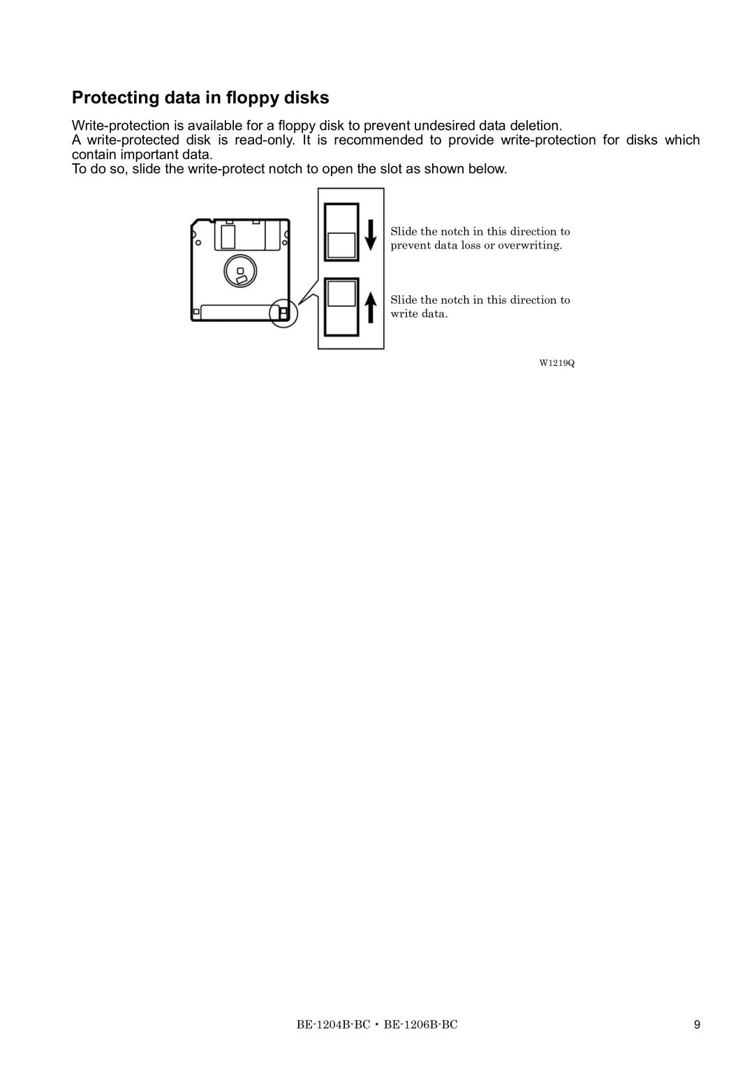 Brother BE-1204C-BC, BE-1206B-BC, BE-1204B-BC instruction manual Protecting data in floppy disks 