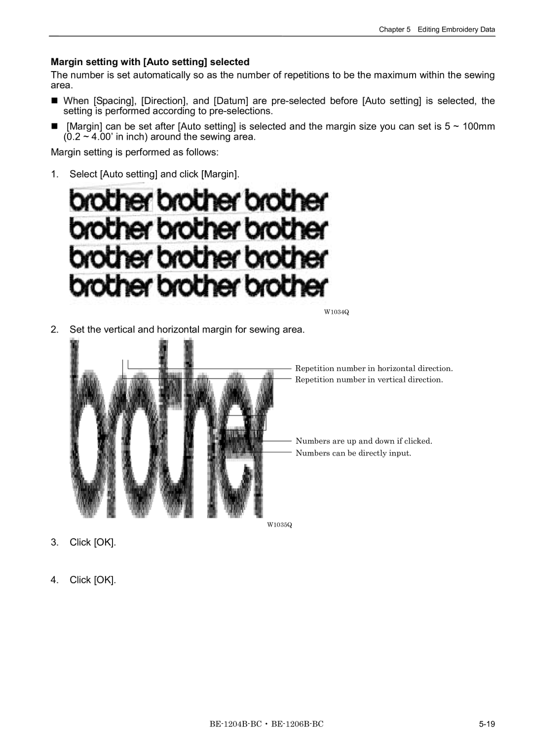 Brother BE-1206B-BC Margin setting with Auto setting selected, Set the vertical and horizontal margin for sewing area 