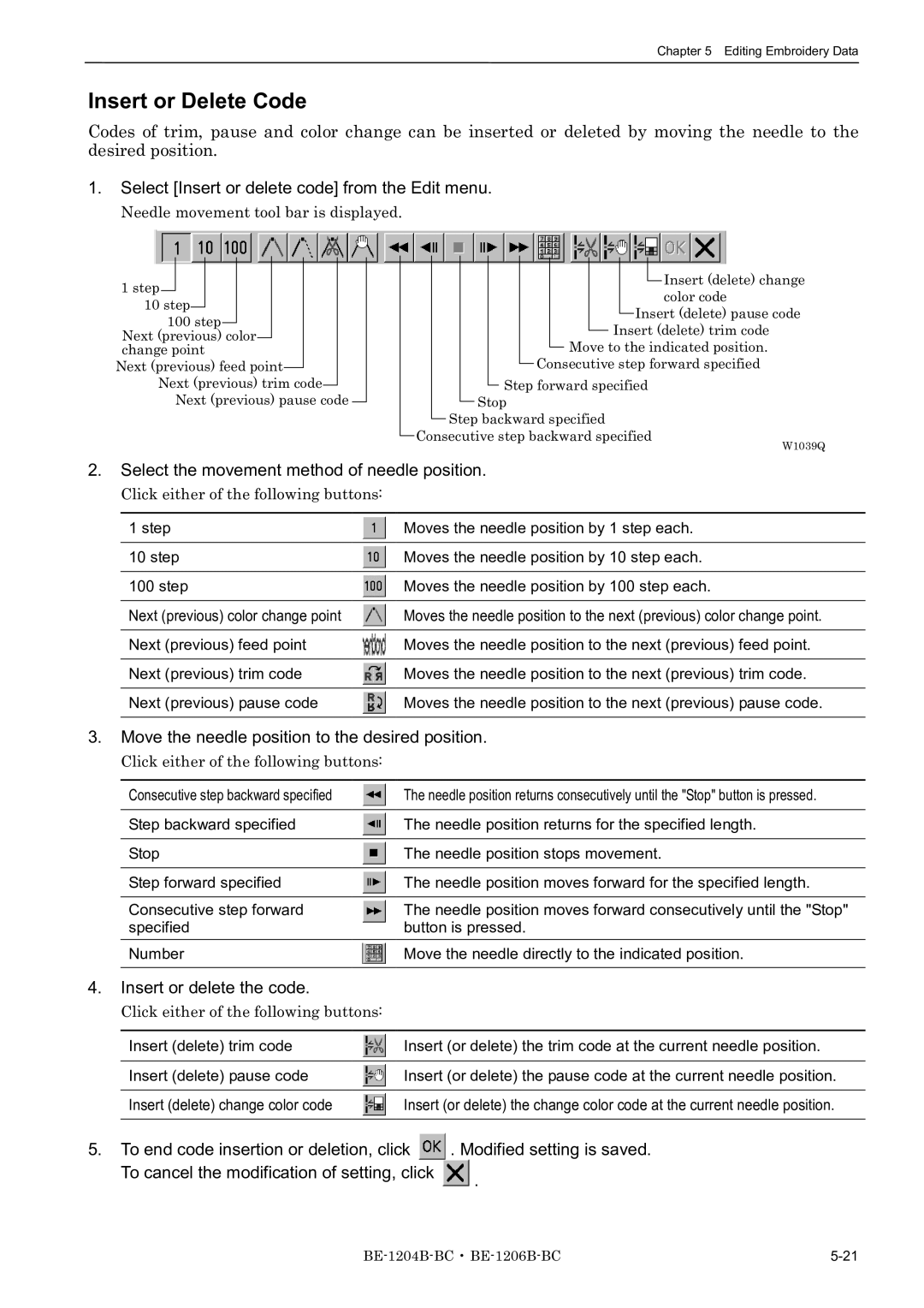 Brother BE-1204C-BC Insert or Delete Code, Select Insert or delete code from the Edit menu, Insert or delete the code 