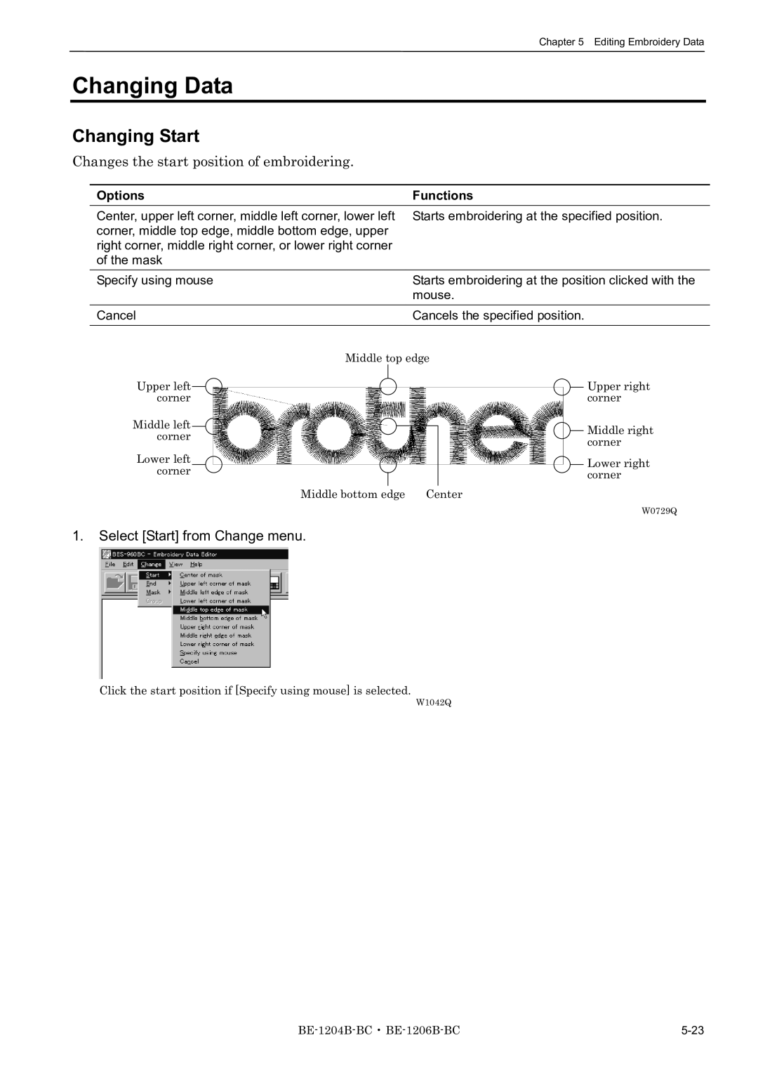 Brother BE-1204B-BC, BE-1206B-BC, BE-1204C-BC Changing Data, Changing Start, Changes the start position of embroidering 