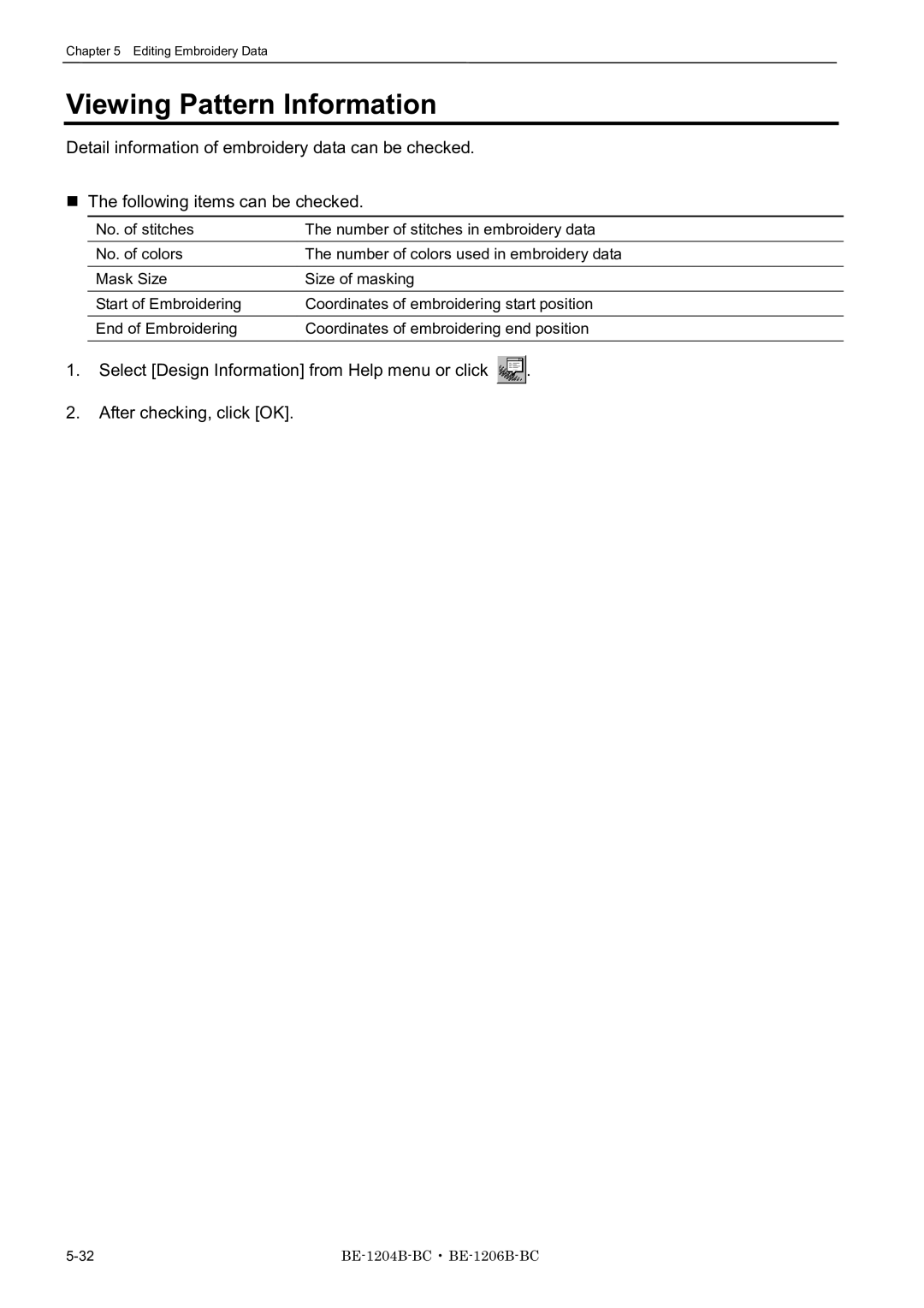 Brother BE-1204B-BC, BE-1206B-BC, BE-1204C-BC instruction manual Viewing Pattern Information 