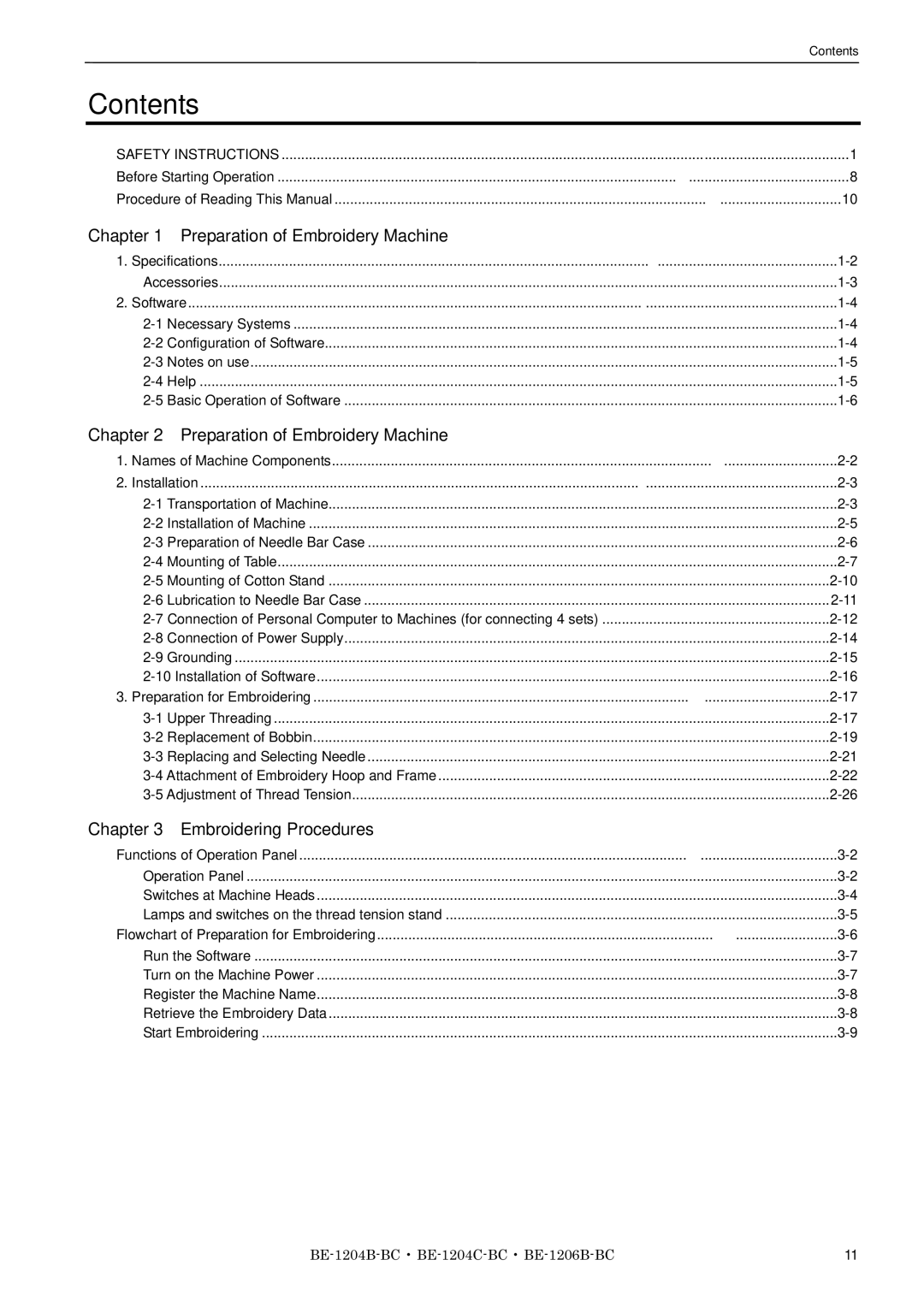 Brother BE-1204B-BC, BE-1206B-BC, BE-1204C-BC instruction manual Contents 