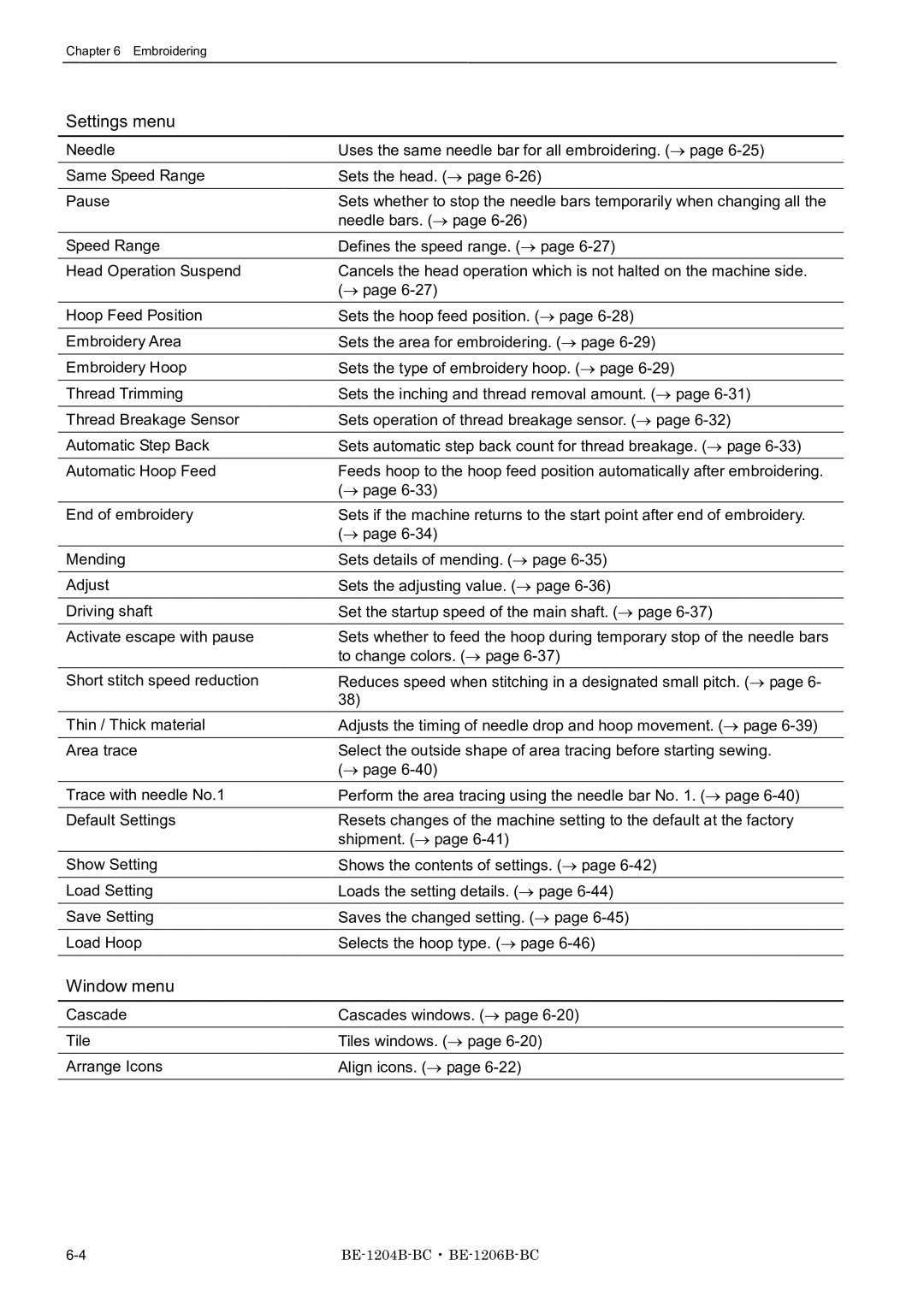 Brother BE-1204B-BC, BE-1206B-BC, BE-1204C-BC instruction manual Settings menu, Window menu 