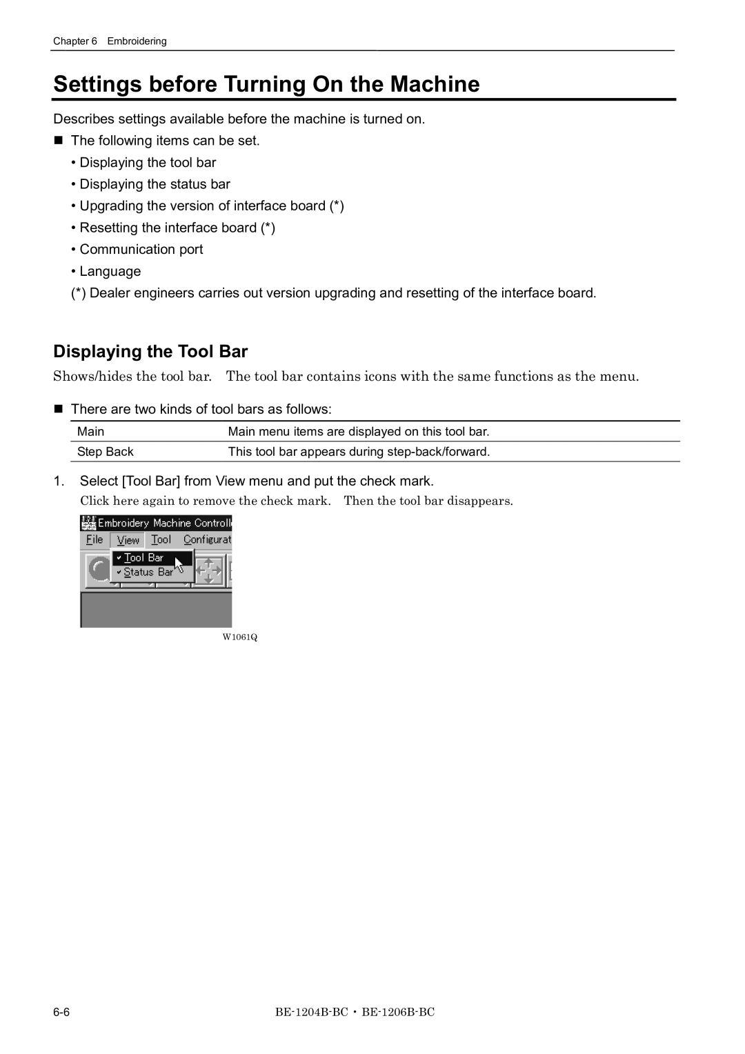 Brother BE-1206B-BC, BE-1204B-BC, BE-1204C-BC Settings before Turning On the Machine, Displaying the Tool Bar 