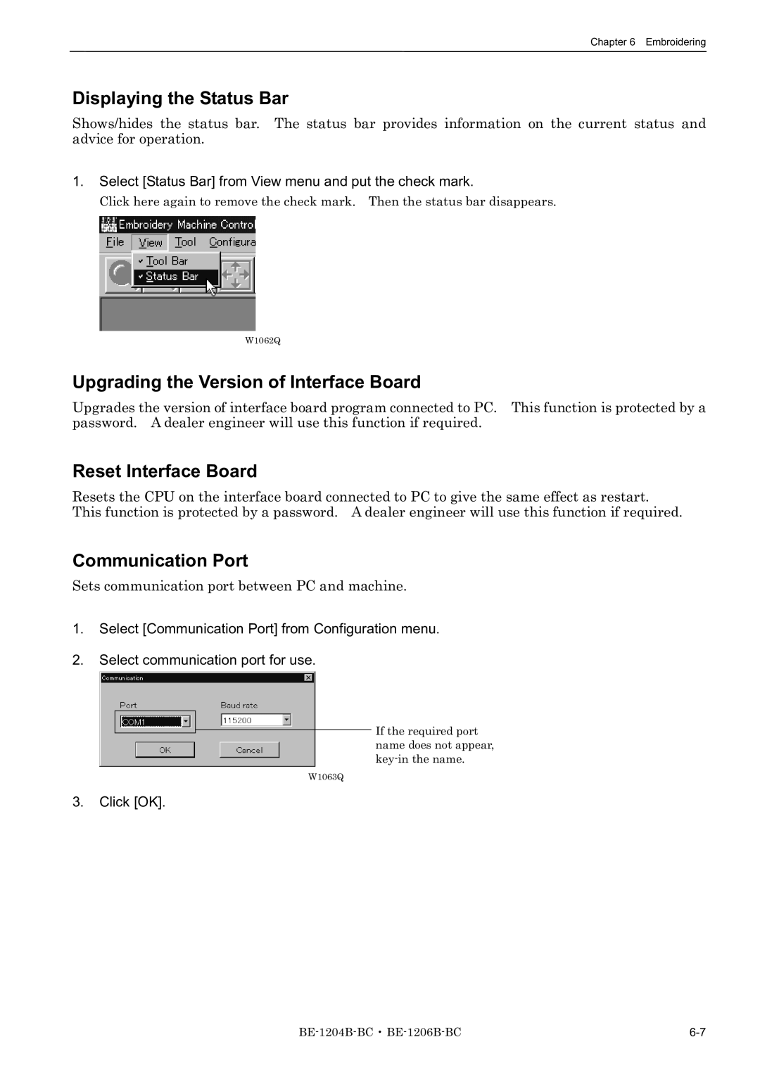 Brother BE-1204B-BC Displaying the Status Bar, Upgrading the Version of Interface Board, Reset Interface Board 