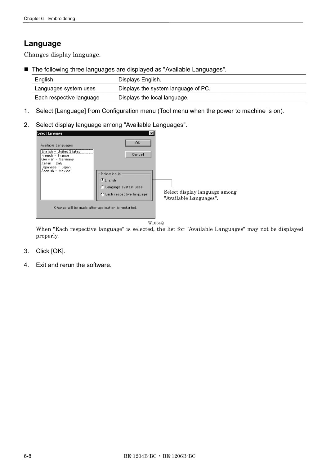 Brother BE-1204C-BC, BE-1206B-BC, BE-1204B-BC Language, Changes display language, Click OK Exit and rerun the software 