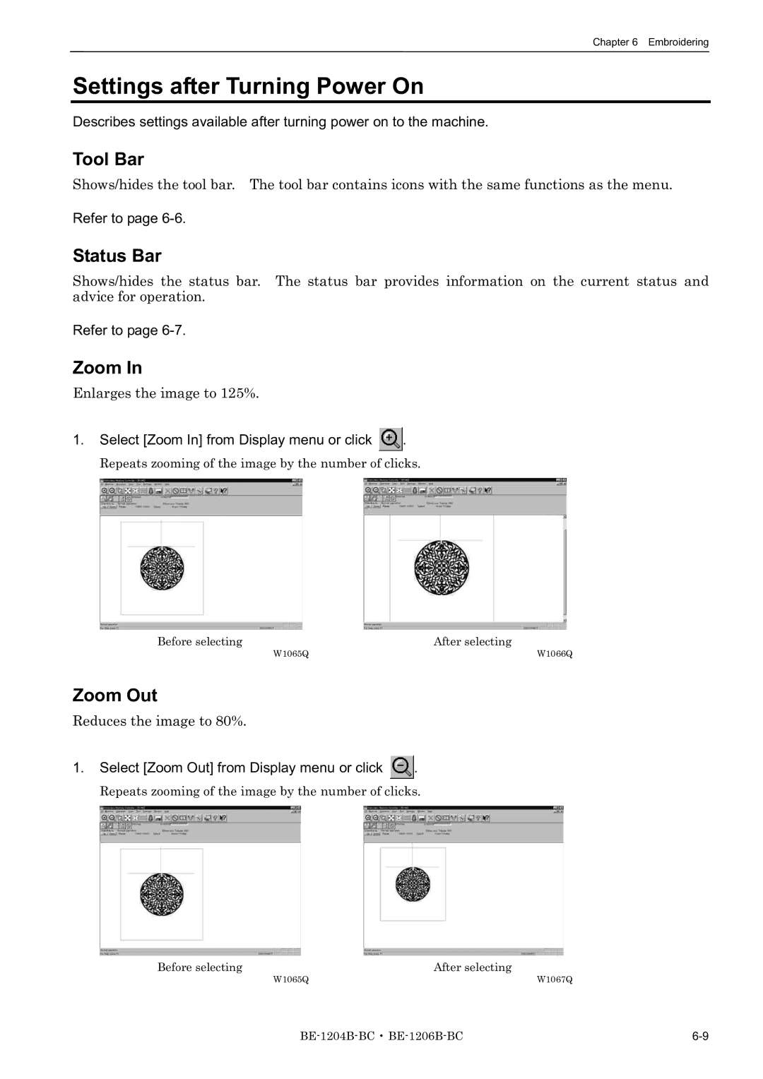 Brother BE-1206B-BC Settings after Turning Power On, Zoom Out, Enlarges the image to 125%, Reduces the image to 80% 