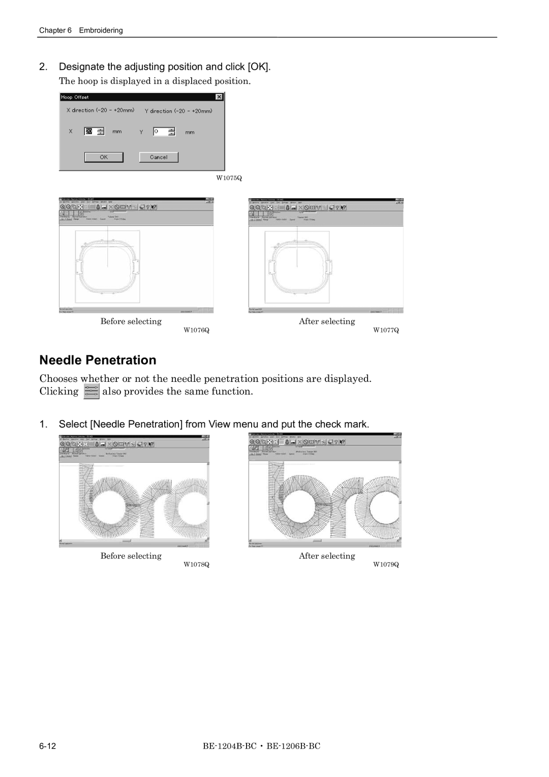 Brother BE-1206B-BC, BE-1204B-BC, BE-1204C-BC Needle Penetration, Designate the adjusting position and click OK 