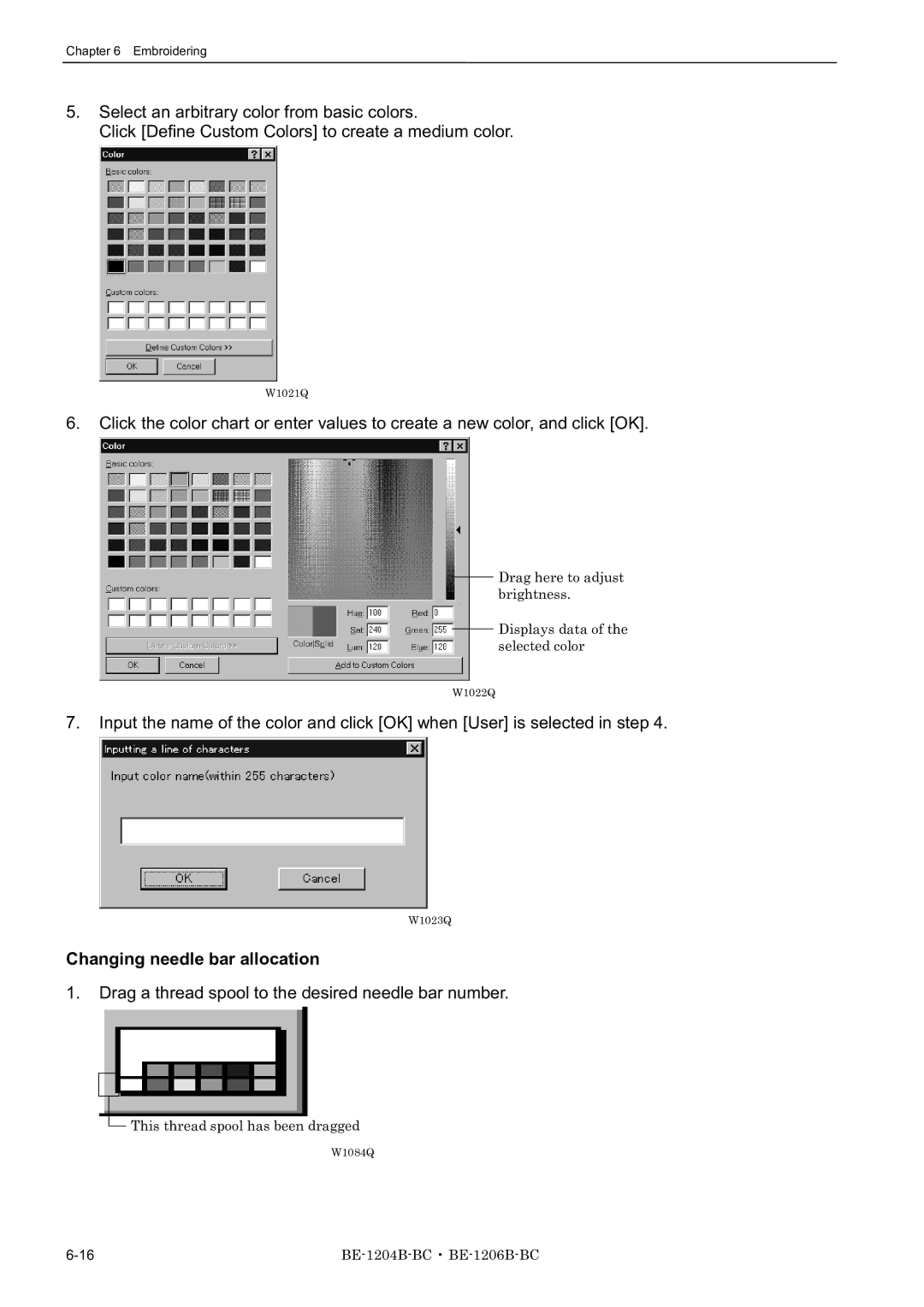 Brother BE-1204B-BC, BE-1206B-BC Changing needle bar allocation, Drag a thread spool to the desired needle bar number 