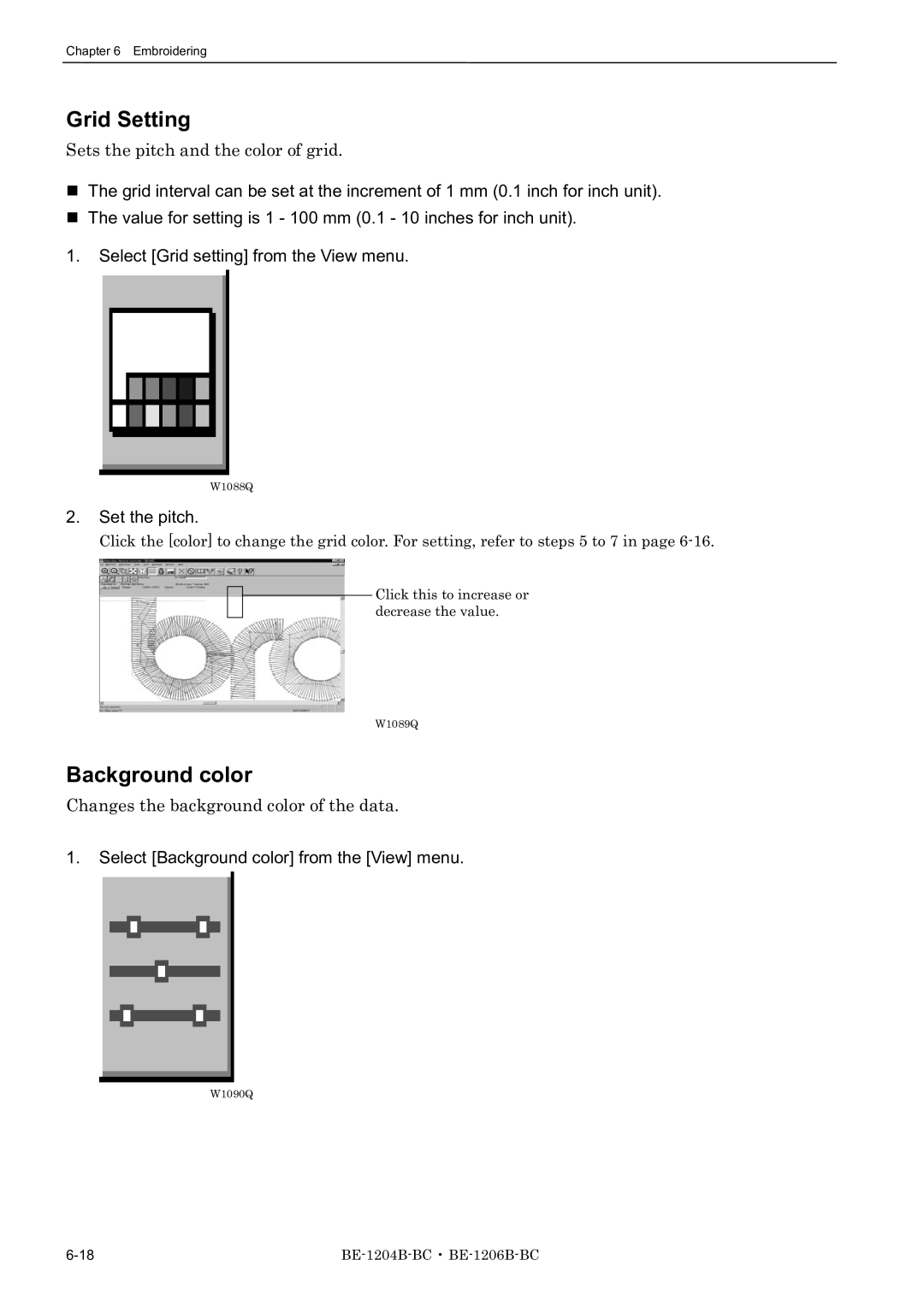 Brother BE-1206B-BC, BE-1204B-BC, BE-1204C-BC Grid Setting, Background color, Sets the pitch and the color of grid 