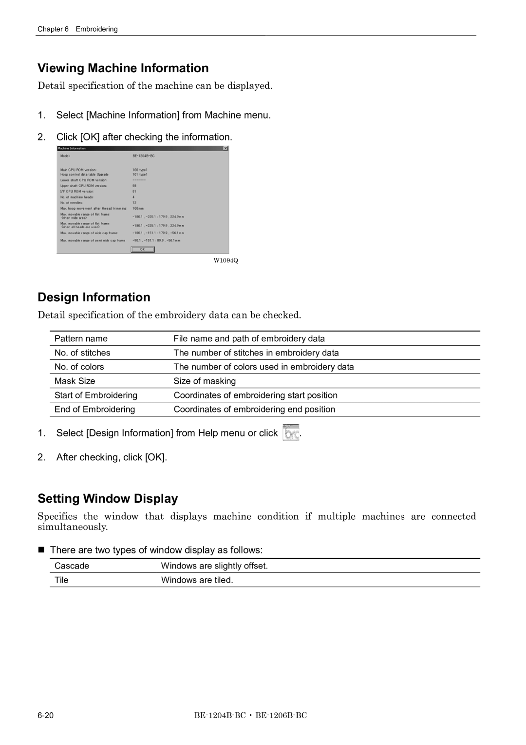 Brother BE-1204C-BC, BE-1206B-BC, BE-1204B-BC Viewing Machine Information, Design Information, Setting Window Display 