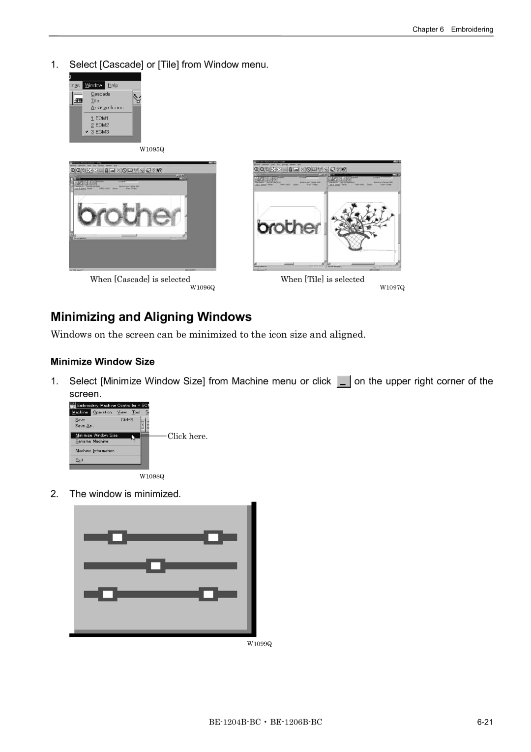 Brother BE-1206B-BC Minimizing and Aligning Windows, Select Cascade or Tile from Window menu, Minimize Window Size 