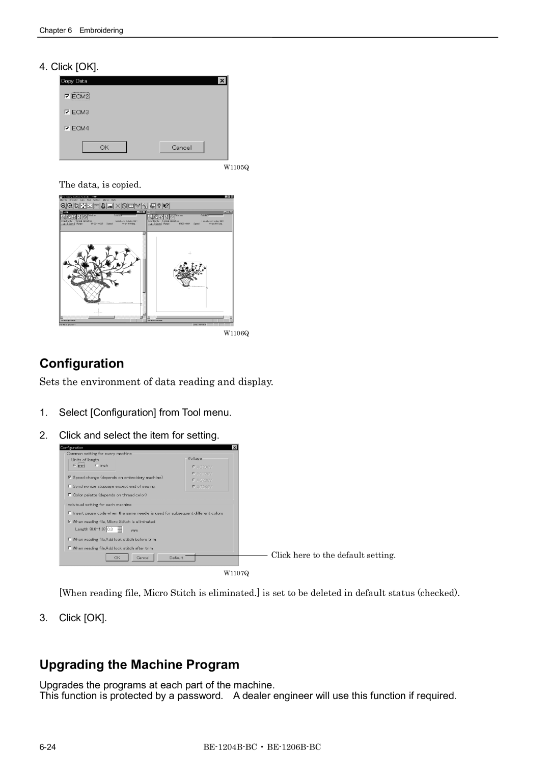 Brother BE-1206B-BC Configuration, Upgrading the Machine Program, Sets the environment of data reading and display 