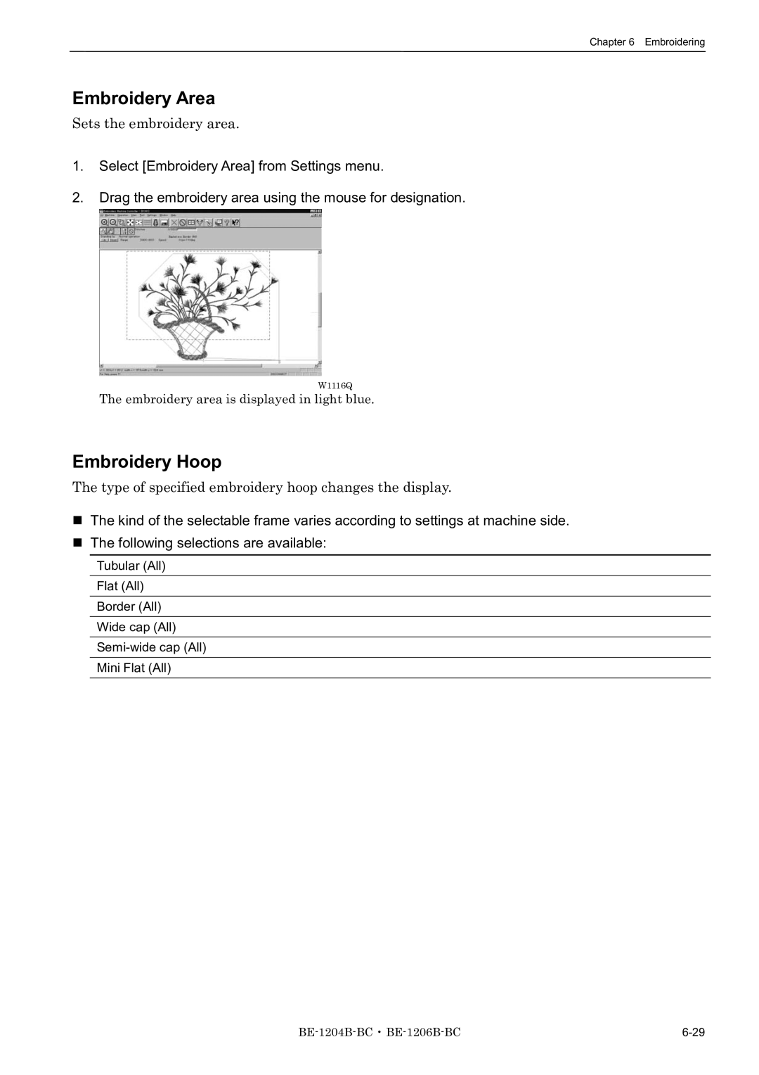 Brother BE-1204C-BC, BE-1206B-BC, BE-1204B-BC instruction manual Embroidery Area, Embroidery Hoop, Sets the embroidery area 