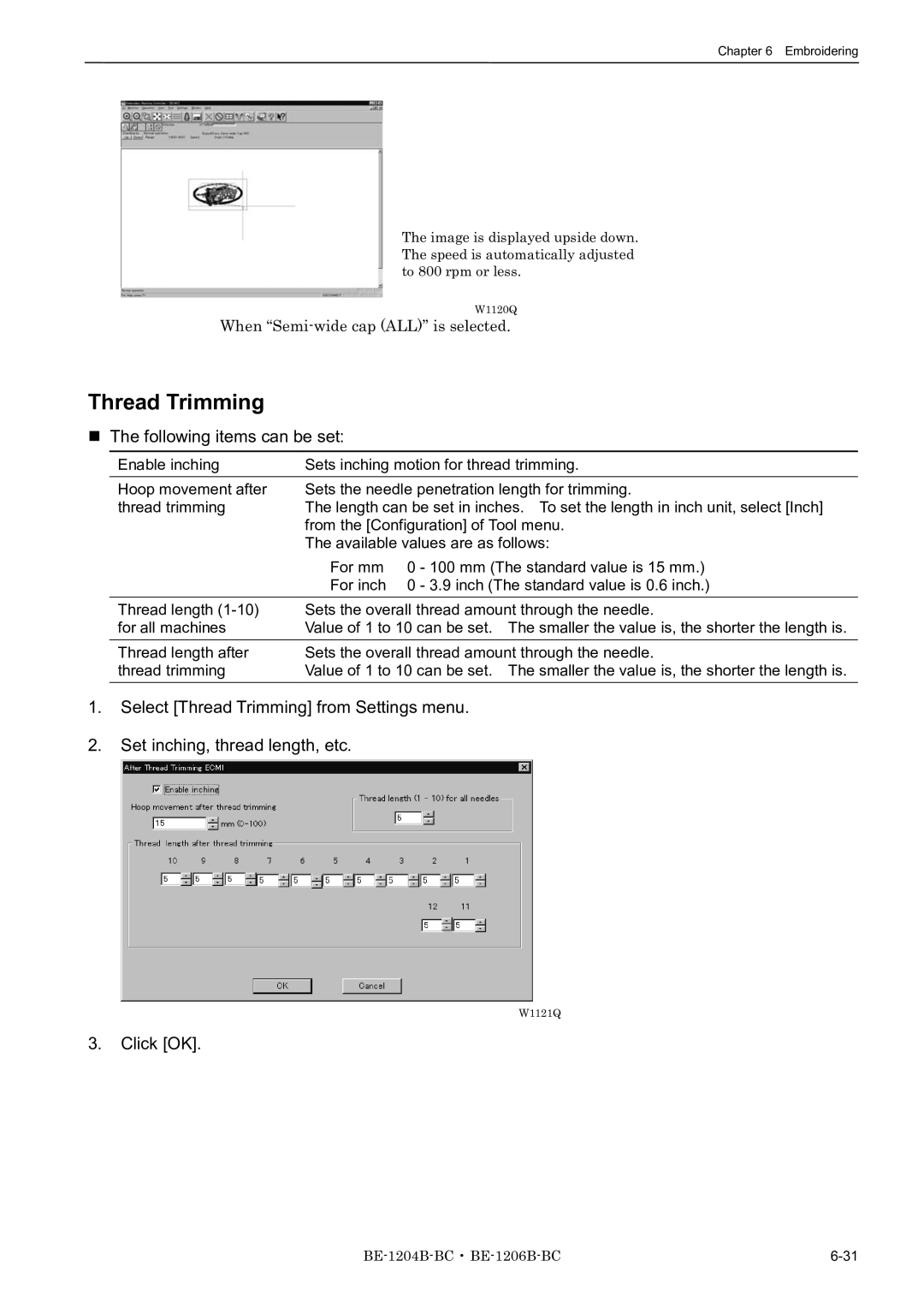 Brother BE-1204B-BC, BE-1206B-BC, BE-1204C-BC instruction manual Thread Trimming, Following items can be set 